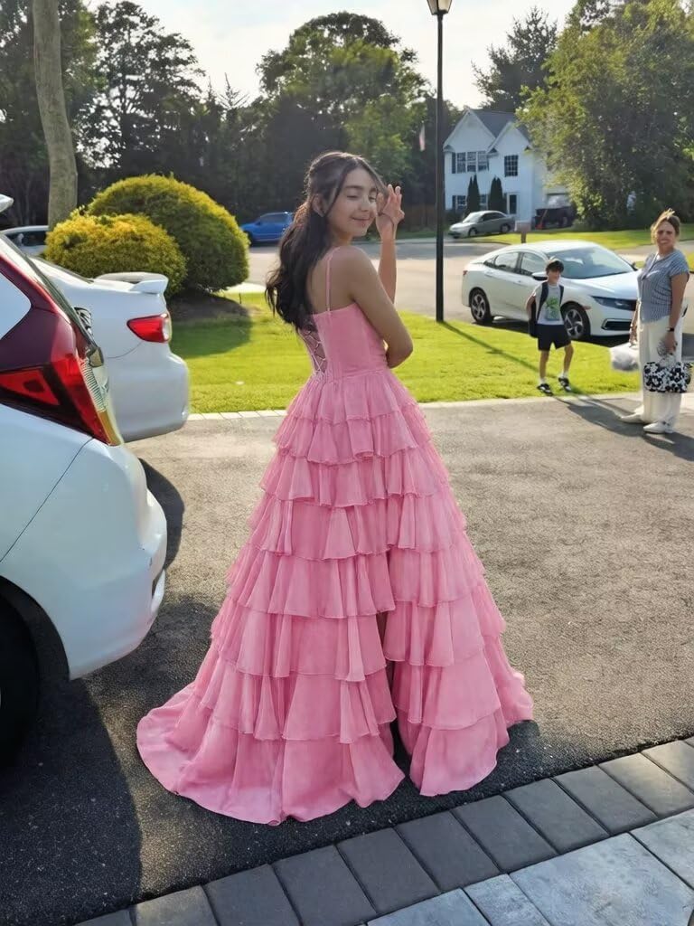 ALFEICE Ruffle Prom Dress 2026 Spaghetti Straps Ball Gowns Long Corset Tiered Formal Evening Gown with Slit