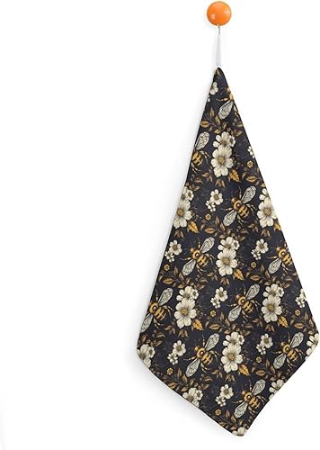 Decorative Hand Towels for Bathroom - Retro Floral Bee Yellow Print Soft Absorbent Small Bath Hand Towels for Kitchen, Farmhouse, Spa, Hotel, Guest
