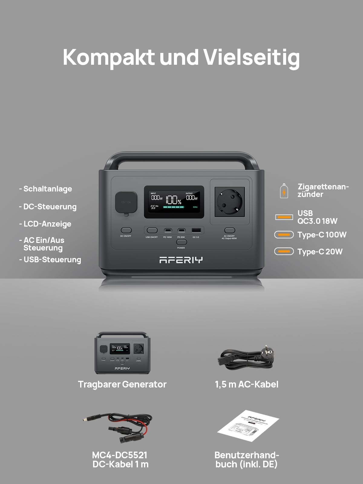 AFERIY 400W Tragbare Powerstation, 256Wh LiFePO4 Batterie, 1,2 Stunde Schnellladung, 5 Anschlüsse, Sinuswellen 230V, USV, Solargenerator für Camping, RV, Outdoors