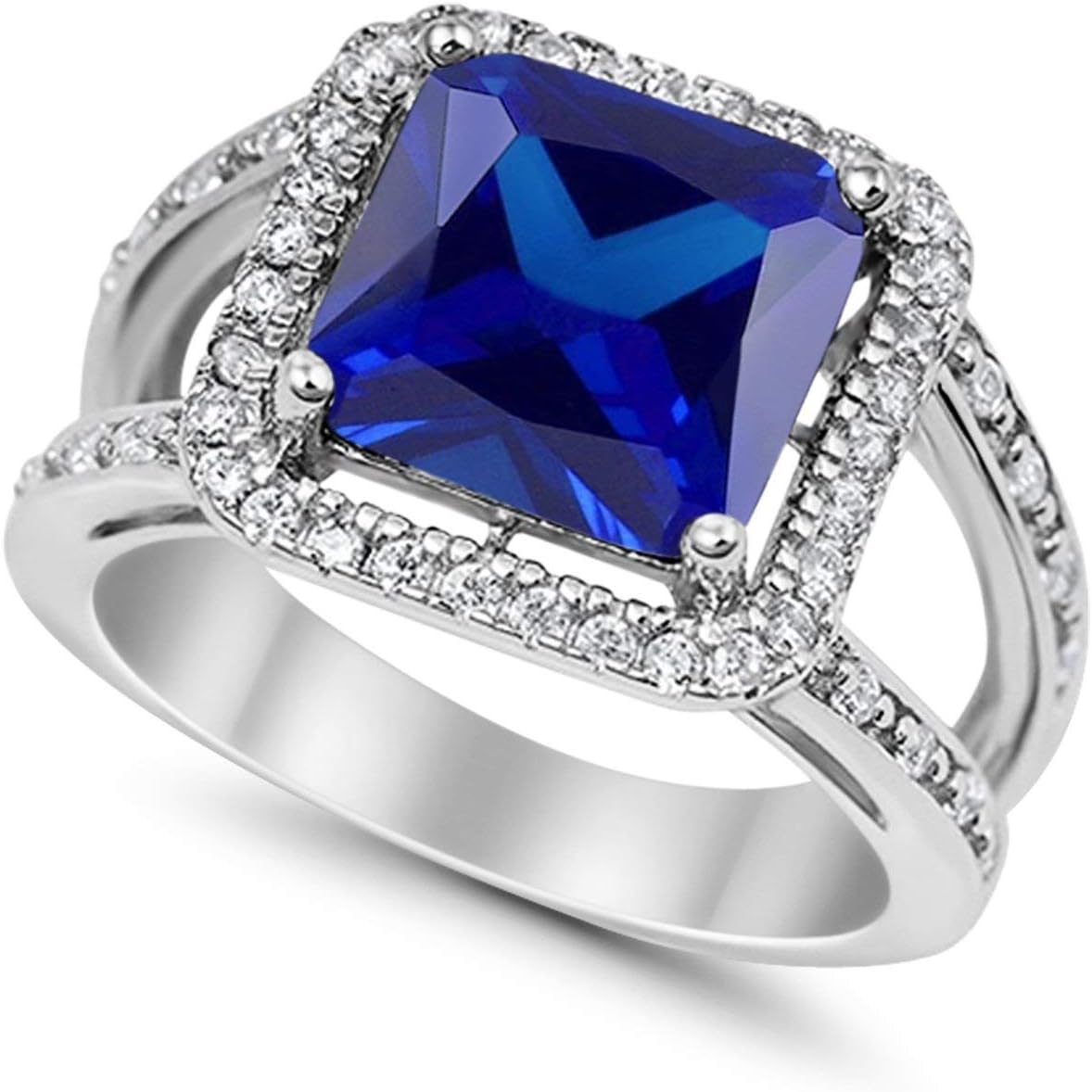 Blue Apple Co. Art Deco Ring Princess Cut Cubic Zirconia Halo Split Shank Vintage Style Bridal Wedding Engagement Rings For Women 925 Sterling Silver Gifts For Her