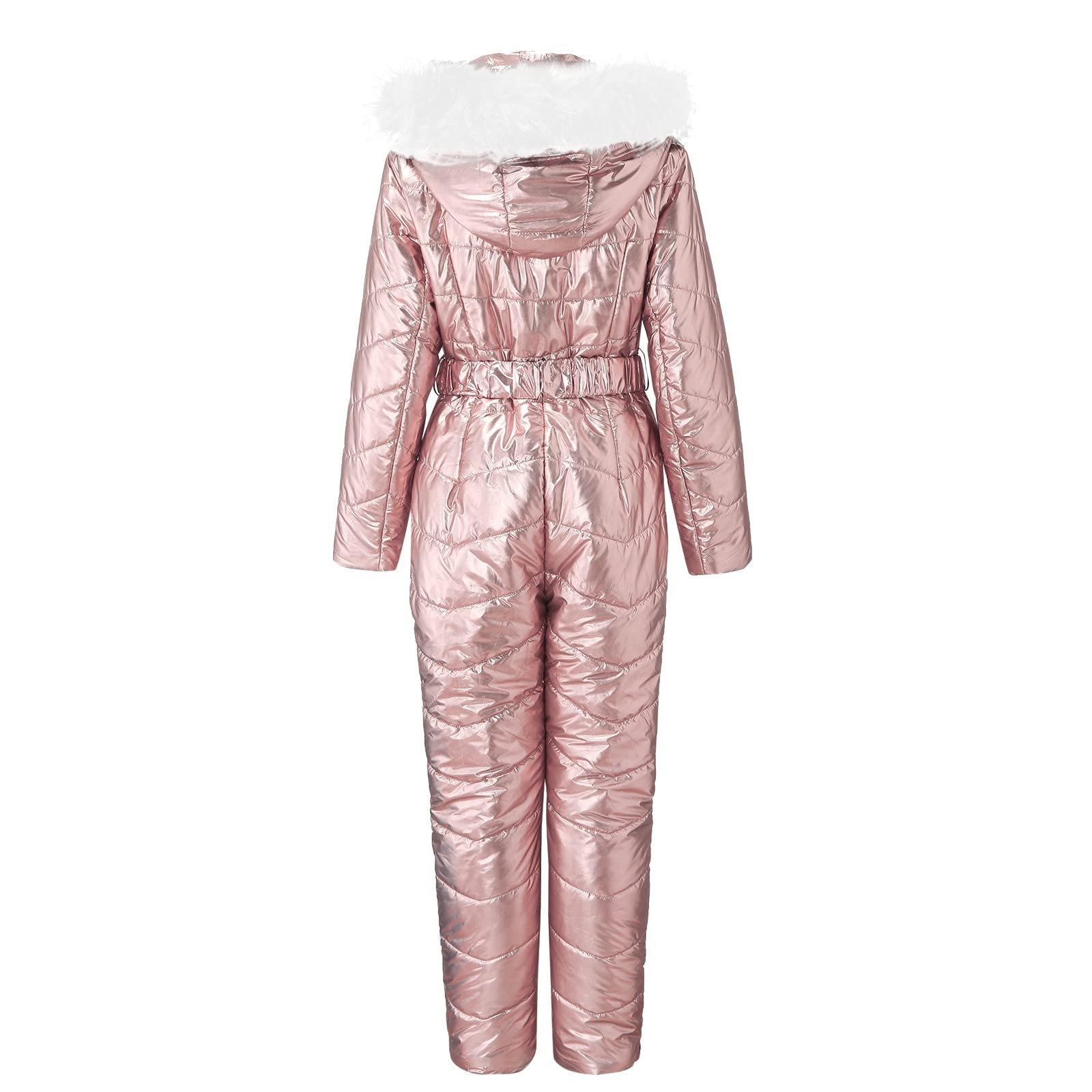 Skianzug Damen Winter Einteiler - Schneeanzug Mit Kapuzen Pelzkragen Mantel Ski-Overall Frauen Slim Fit Jumpsuit Wasserdicht Snowboard Overalls Winter Outdoor Onesie Kuschelig Pelzkragen