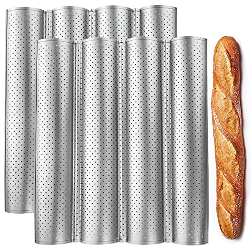 Fasmov 2 Pack French Bread Baking Pan Nonstick Perforated Baguette Pan 4 Wave Loaves Loaf Bake Mold Toast Cooking Bakers Molding