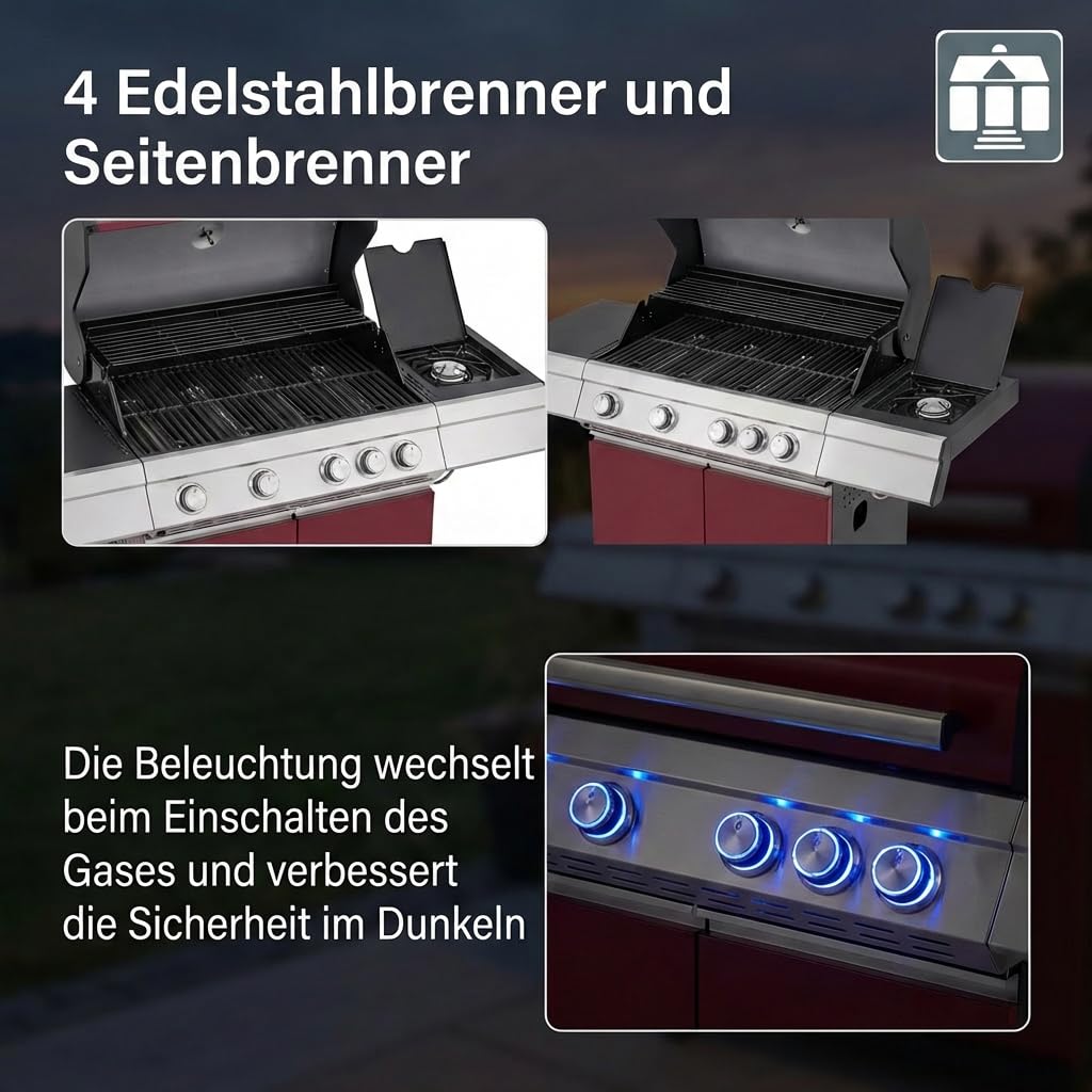 Tarrington House Gasgrill 4-Hauptbrenner und Seitenbrenner Gasgrill Paxton, Grillfläche 41 x 71 cm, Ablagetisch, fahrbar, Stahl, rot