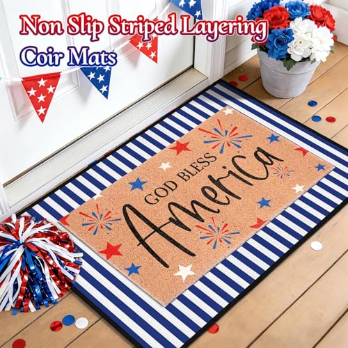APUDWN 2 Pcs God Bless America Door Mats, 4th of July Patriotic Welcome Mat Non-Slip Coir Doormat with Blue White Stripes, Layered Rug for America 250th Anniversary, Front Porch Entryway Decor by APUDWN - Used condition - Image 4