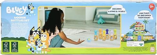 Miniatura 5 de BLUEY Juego de bolos de madera, juego de bolos para interiores y exteriores, 6 pines y 1 bola de boliche, certificado FSC para niños de 3 años en