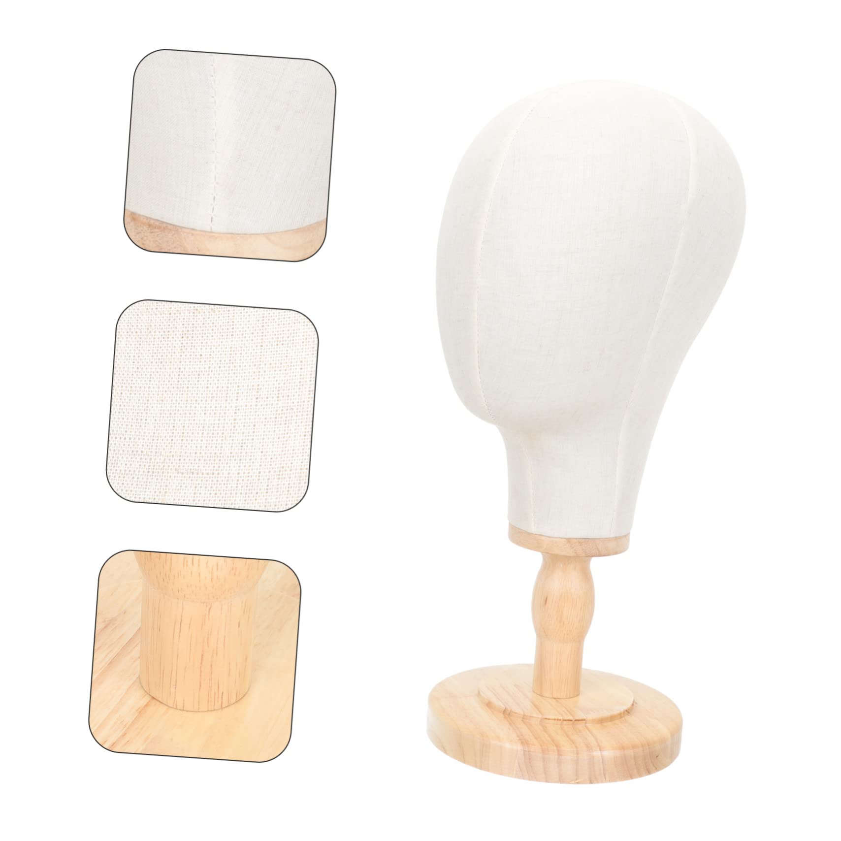 Mobestech Présentoir Tête Mannequin en Lin Naturel Socle Bois, Modèle D'entraînement pour Perruques Et Chapeaux, Support Polyvalent pour Bijoux, Lunettes Et Accessoires De Coiffure