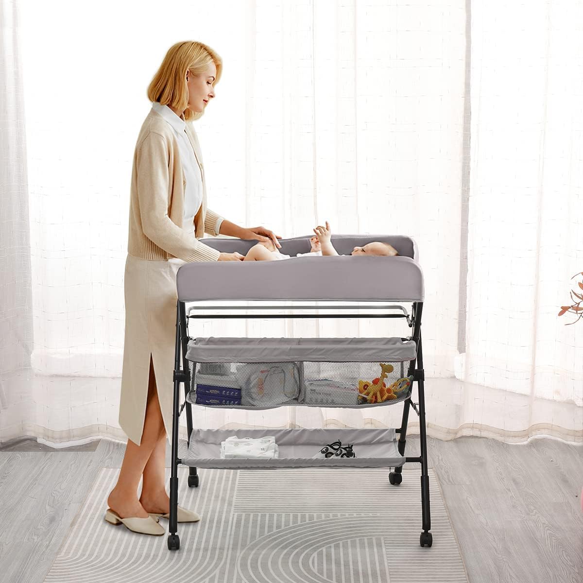 Mesa For Cambiar Pañales Plegable For Bebés Con Almacenamiento Sobre Ruedas, Cambiador Móvil For Lactancia Infantil Mesa De Altura Ajustable For El Cuidado Del Recién Nacido Masaje Con Bolsa(Grey)