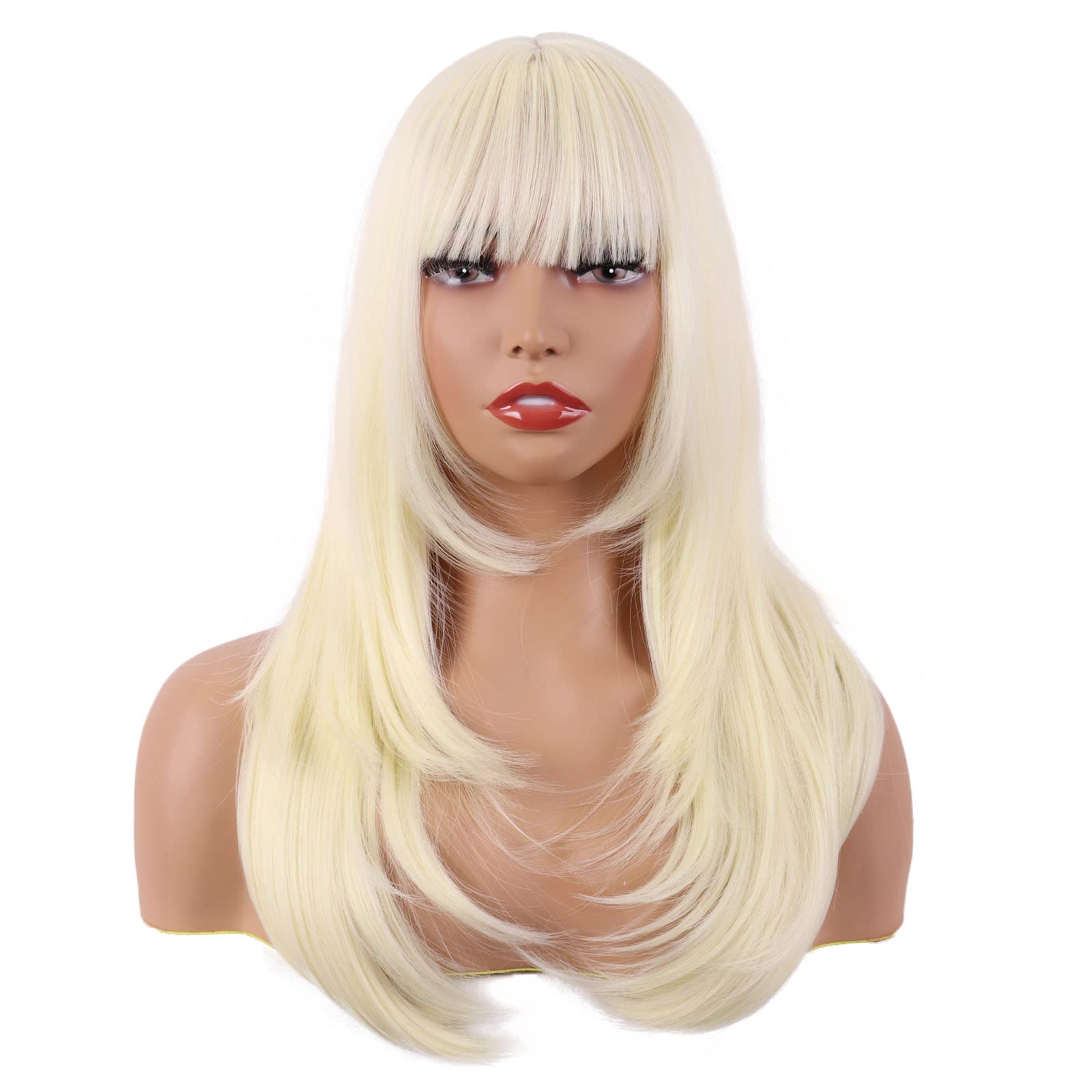 MapofBeauty 24 Inch/60 cm Long Straight Layered with Bangs Synthetic Hair Shoulder Length Daily Use Wig (Light Blonde)