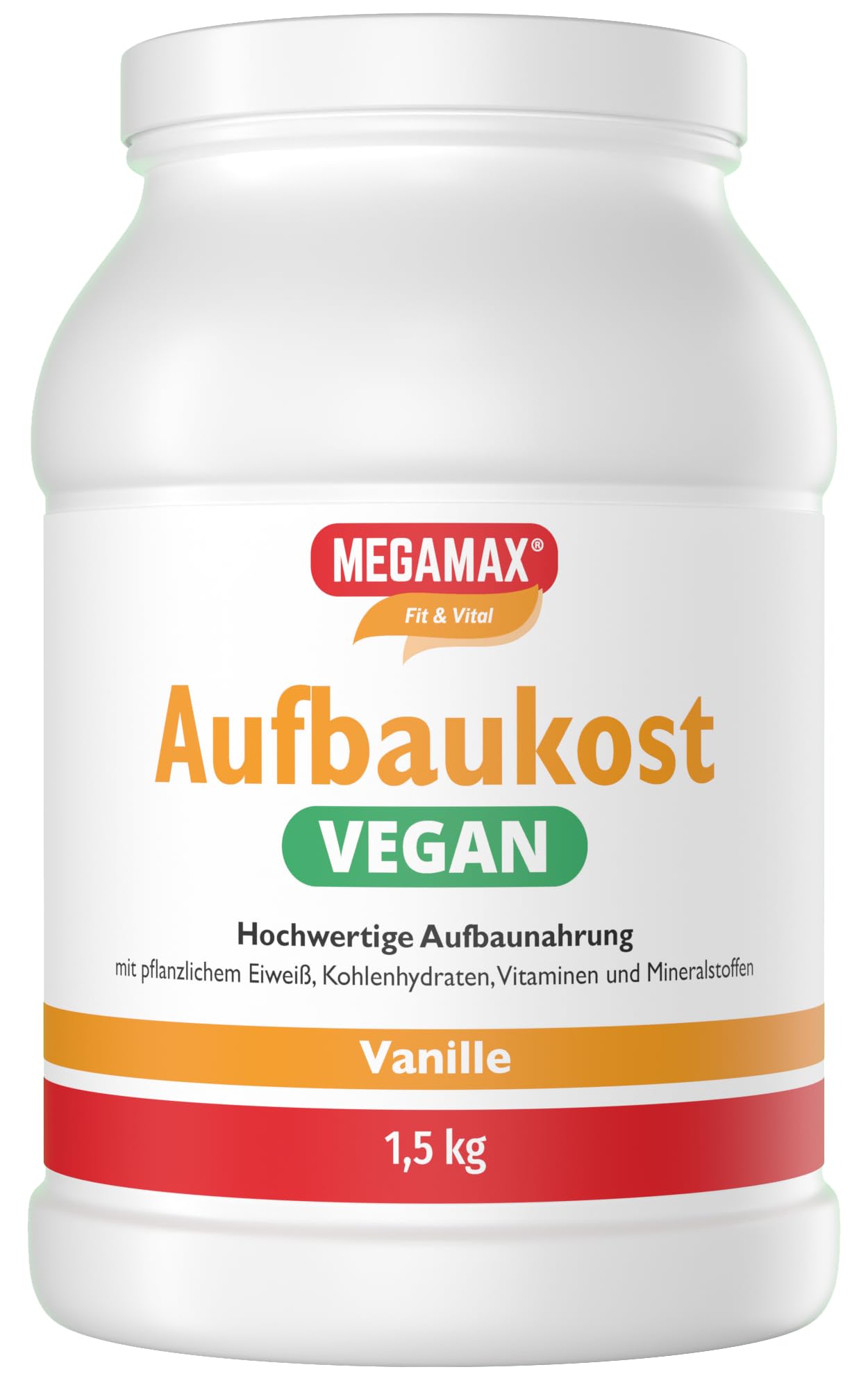 MEGAMAX Aufbaukost VEGAN Vanille 1.5 kg -Zunehmen mit vegane hochkalorische Trinknahrung Ideal zur Kräftigung und bei Untergewicht -Erbsenprotein zur fettarmen Kohlenhydrat-Eiweiß-Getränkes