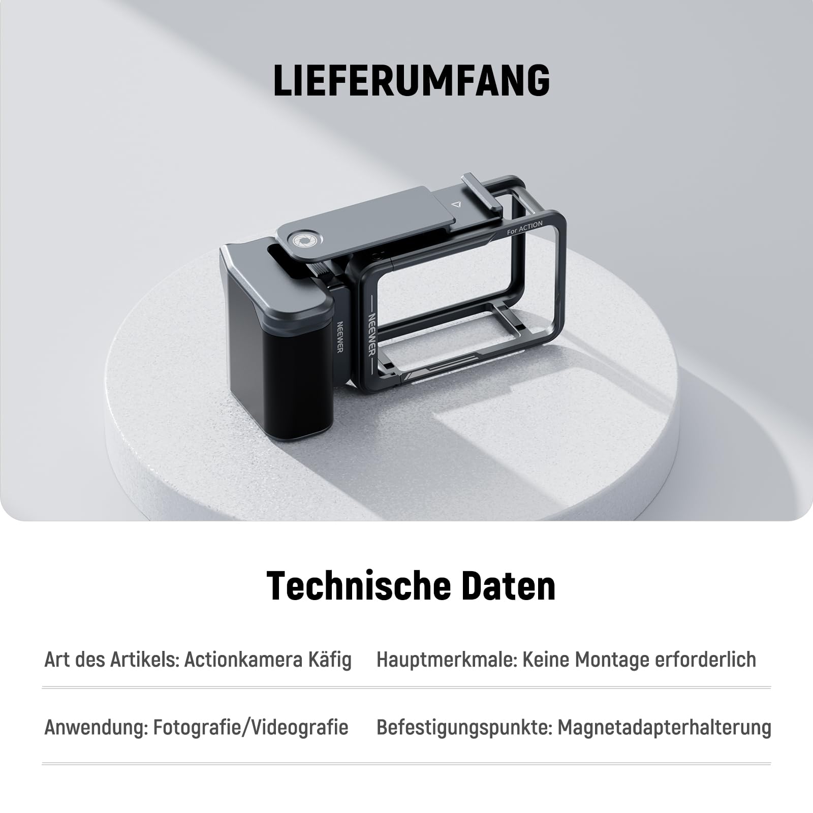 NEEWER Cage und Side Handle Set kompatibel mit DJI Osmo Action 5 Pro / 4/3, Schutzvorrichtung aus Metall mit magnetischer Adapterhalterung, Cold Shoe Shutter Extender Bar, dunkelgrau, AC014+AC034