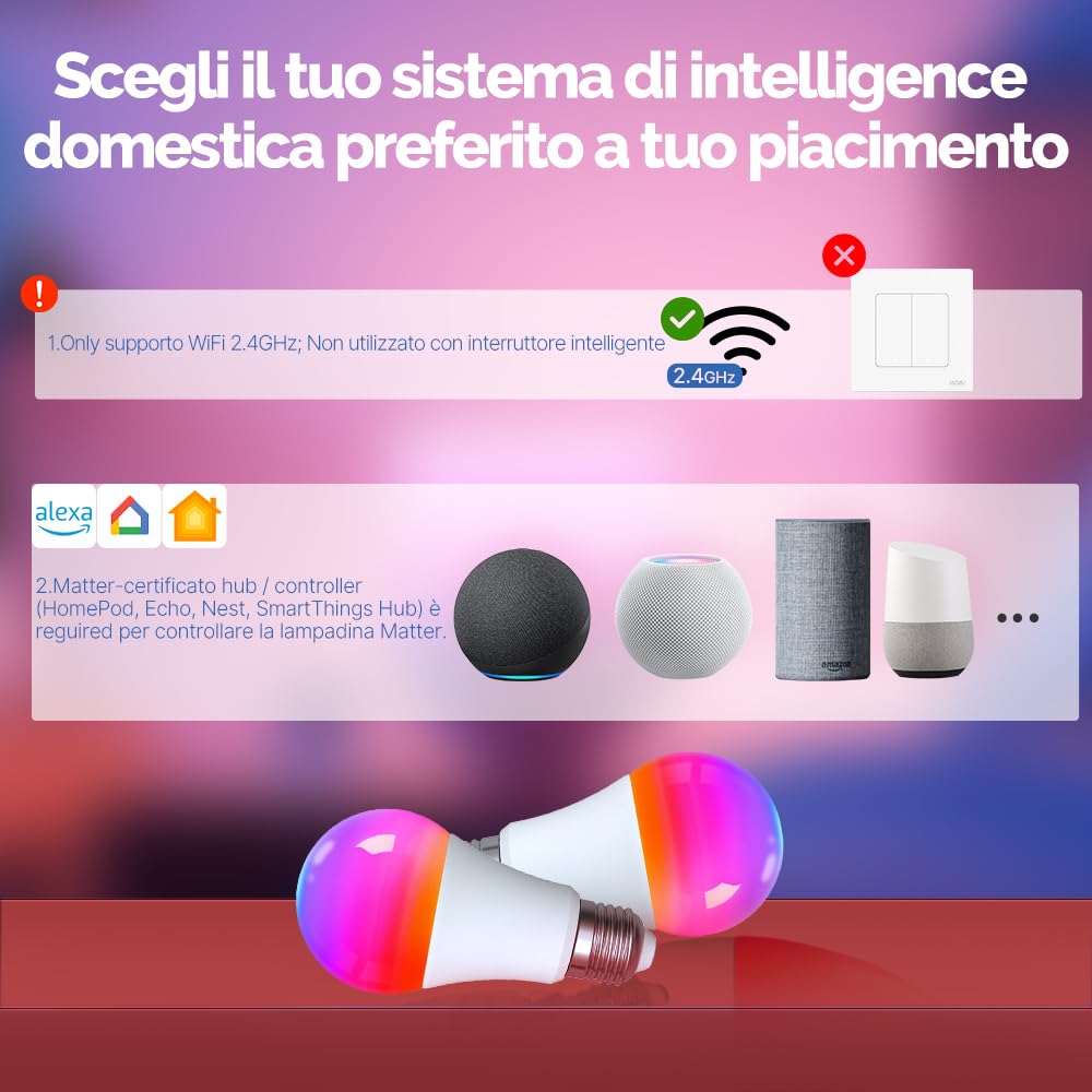 MOES Lampadina intelligente RGB E27 compatibile con Alexa Google Home | Apple Home, 9W 806LM RGB dimmerabile 16 Milioni di Colori, WiFi a 2.4GHz