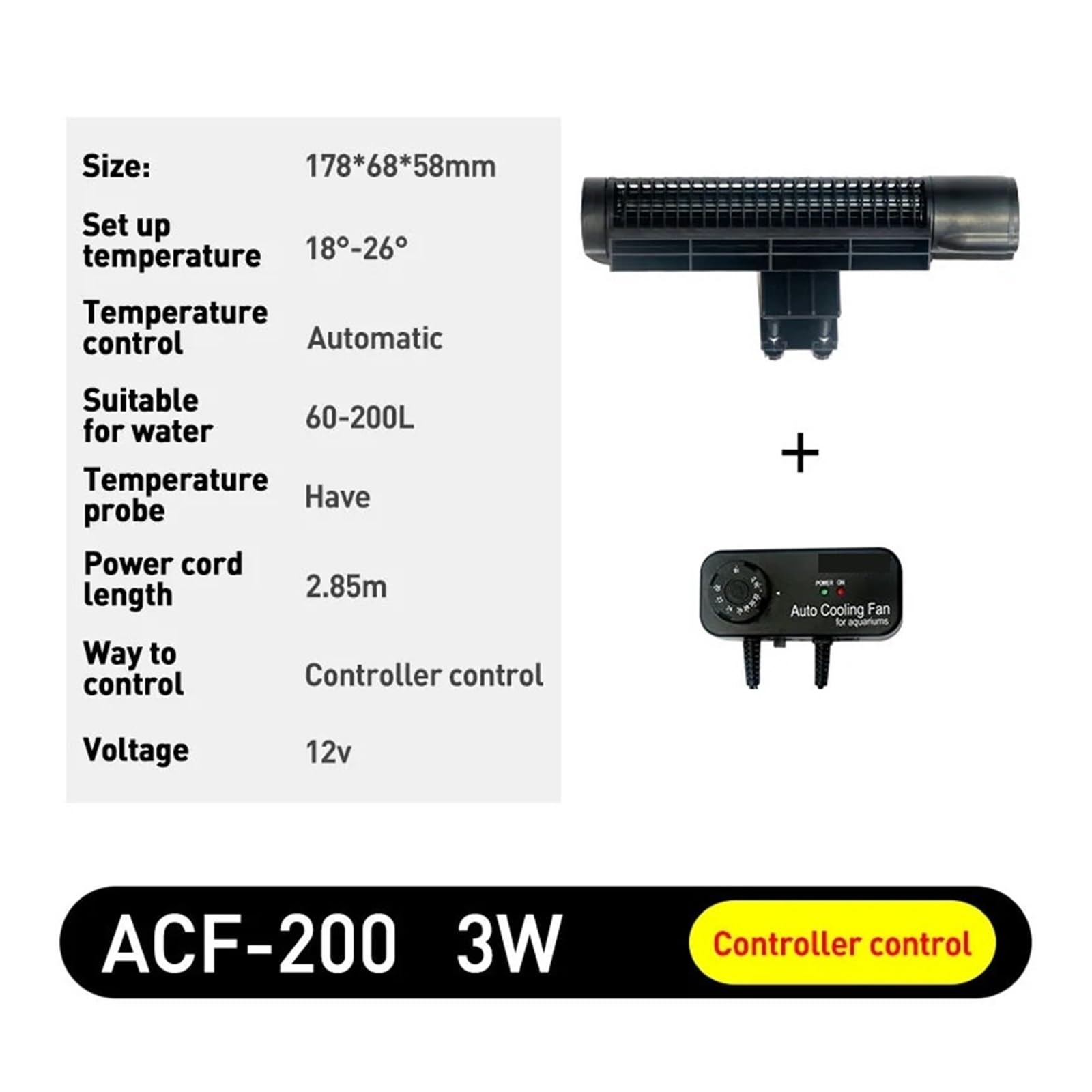 ACF Series Aquarium Cooling Fan Wycisz Automatyczna kontrola temperatury, akcesoria do klimatyzacji morskiej, akwarium, 12 V, 3 W, 4 W (ACF-200, GER PLUG)