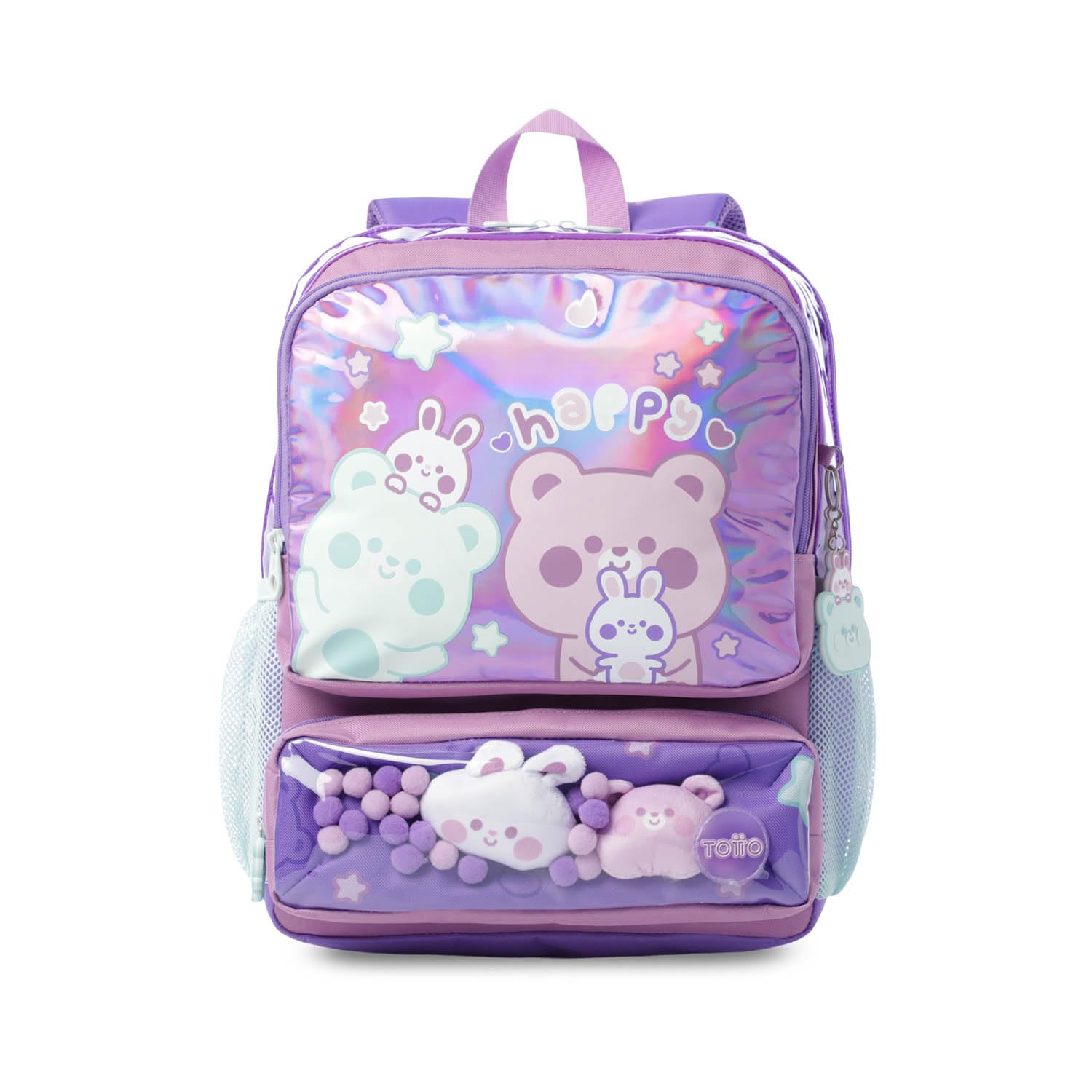 TOTTO - Mochila Escolar, Modelo Friends Party M, Mochila Mediana, Capacidad 18L, 2 Compartimentos Delanteros, Bolsillos Botella, Organizador Interno, Correas Acolchadas, Resistente, Estampado Morado