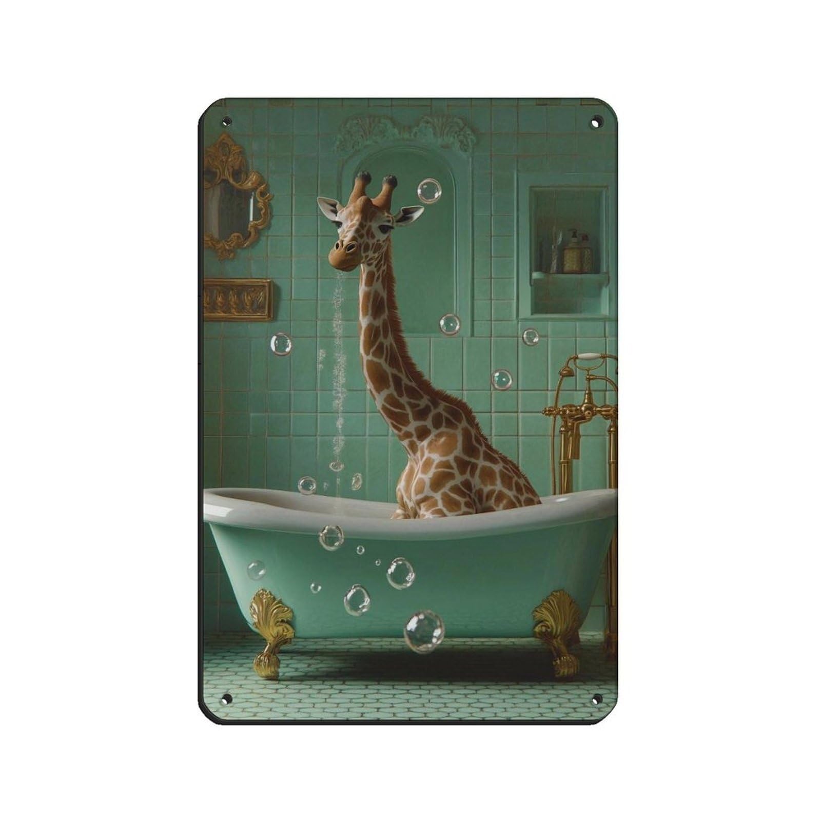 Lxwnze 20L X 30W Cm Giraffe In Bathtub Quirky,Fun Animal Tin Sign Vintage Metal Pub Club Cafe Bar Home Wall Art Decoration Poster Retro 8X12inch(20X30cm)