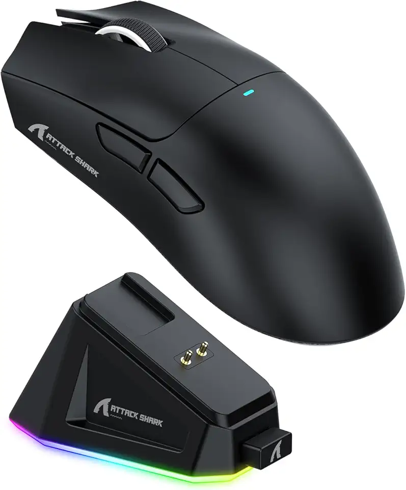 Mouse de Jogo ATTACK SHARK X11 com Base de Carregamento Magnético, Sensor de Jogo PixArt PAW3311, Mouse Sem Fio/A Cabo BT/2.4G, 22000 DPI (Preto)