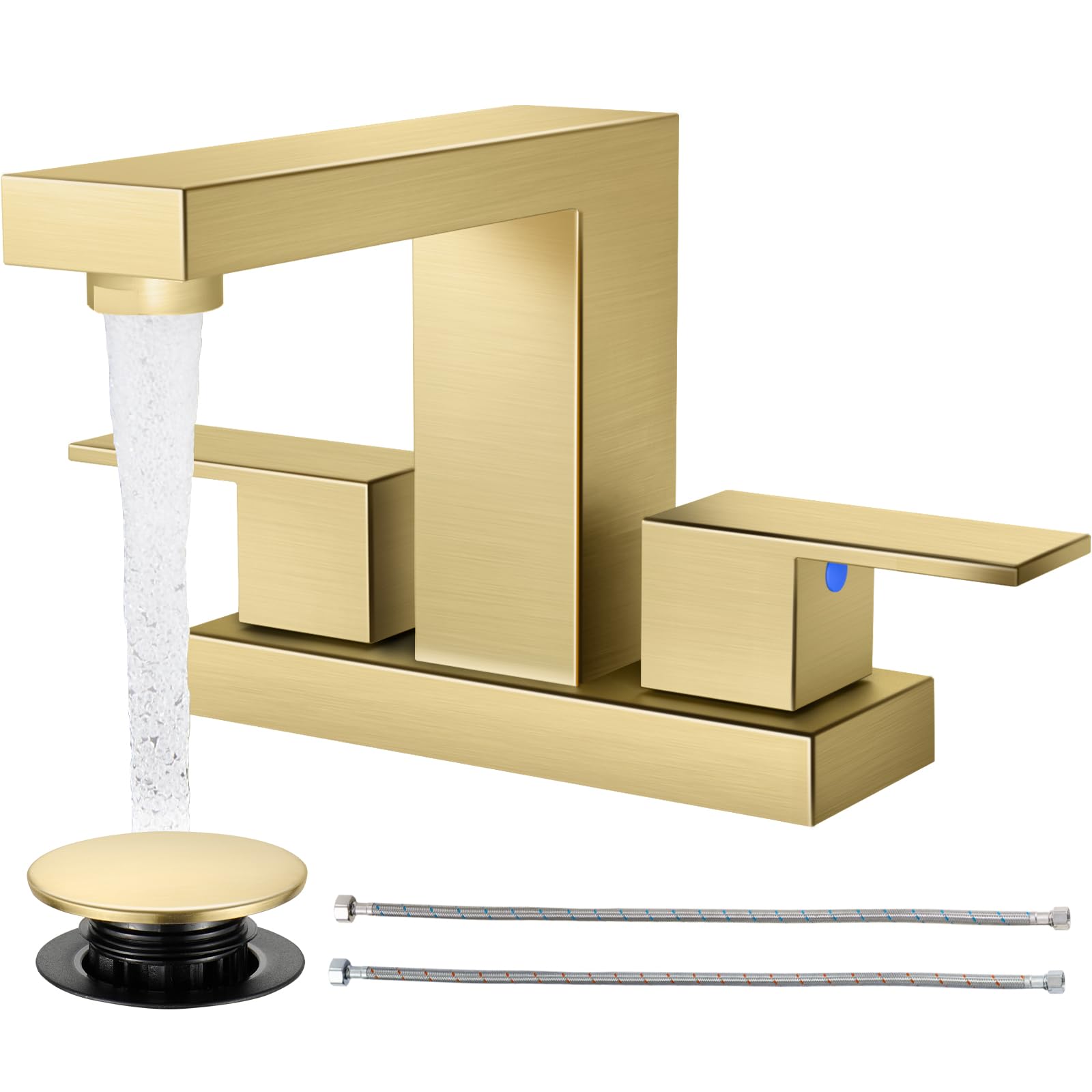 Cobbe Bathroom Faucets for Sink 3 Hole, Brushed Gold Bathroom Sink Faucet Square 4 Inch Centerset with Pop-Up Drain, 2 Handle and 2 Supply Hoses, Lead-Free Stainless Steel for Vanity, Rv, Farmhouse