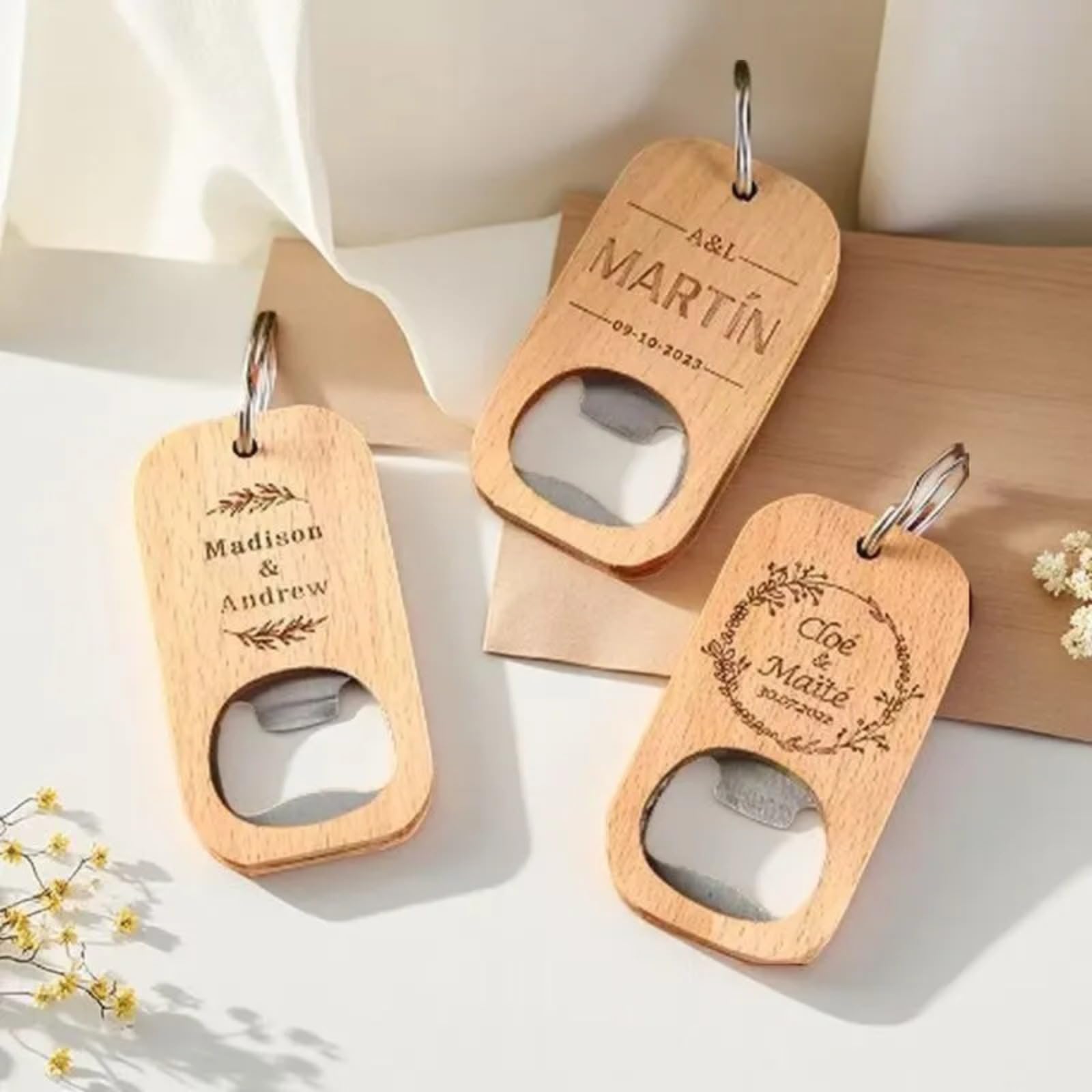 Abridor de botellas de madera grabado personalizado, abrebotellas de madera grabado personalizado para bodas (50 unidades)