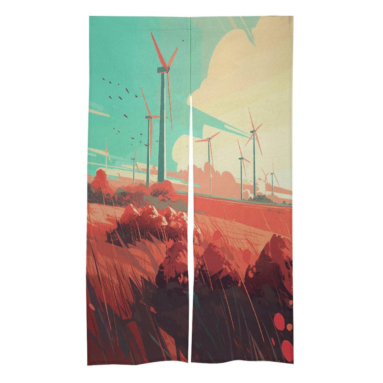 FekiLoot Windmill in Field Door Curtain Splice Japanese Style Theme Blackout Doors Cover Hemp Door Tapestry Temperature Protection Barrier Doors Screen for Various Rooms 17W X 57L Inch