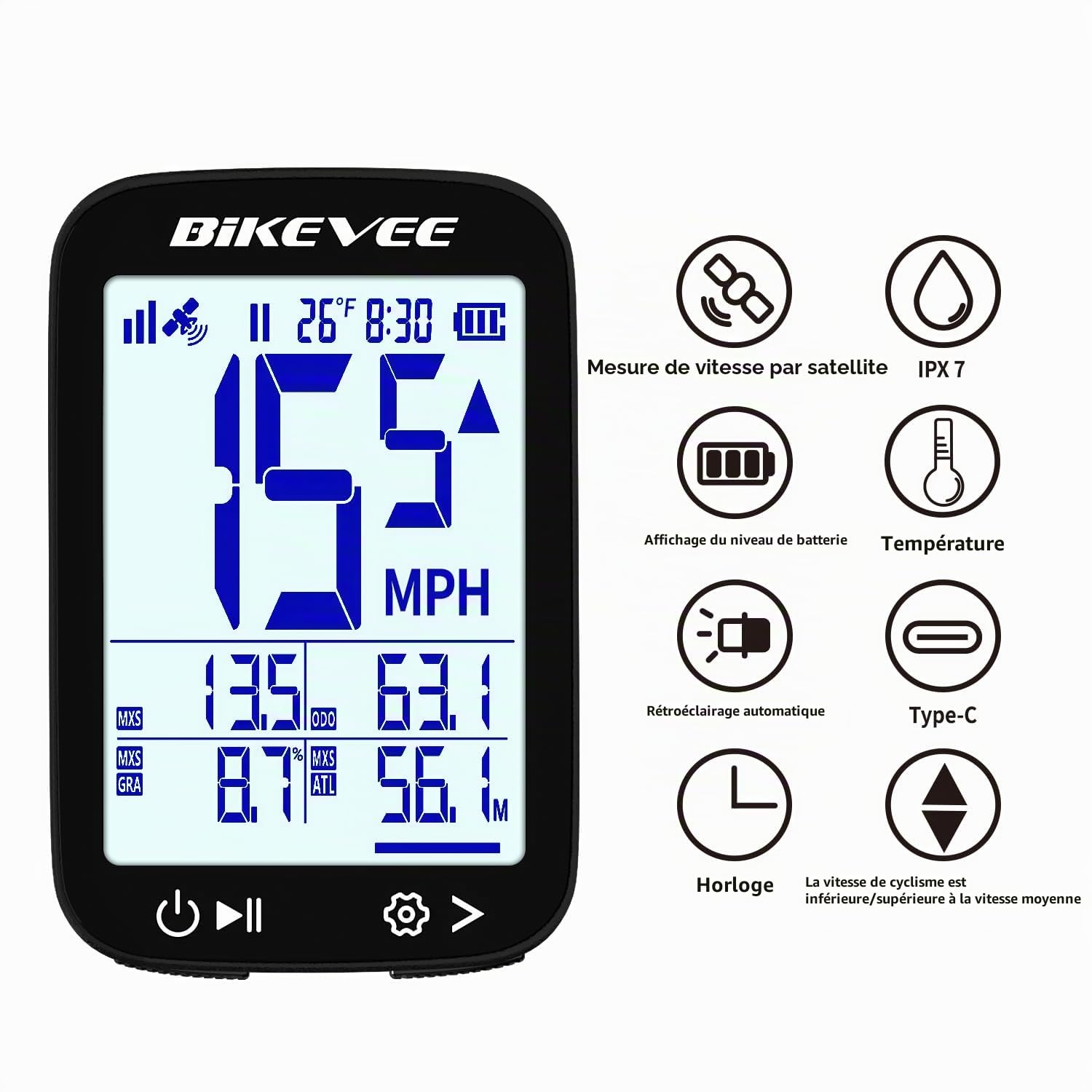 Ordinateur de vélo GPS sans fil étanche 2,4" FSTN écran IPX7 28 h d'autonomie léger compteur de vitesse avec vitesse, distance, hauteur, température dégradée