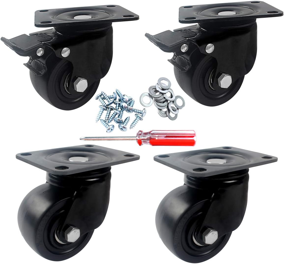 3 Inch Heavy Duty Plate Casters, DICASAL 2000 Lbs Load Capacity Durable Nylon Castors Wheels 360 Degree Top Plate Great for Workbench Working Cart Trolley and Furnitures (2 with Brakes and 2 wihtout)