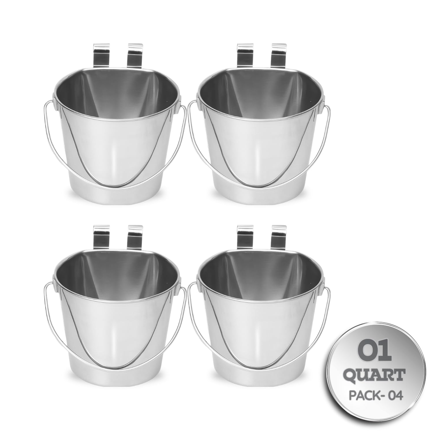 Photo 1 of AASPIRE PETS 1 Quart Stainless Steel Flat Sided Bucket with Dual Hooks | 4 Pcs Durable Food & Water Bowl for Dog Cat Bird & Small Animals | Fits kennel Cage Crates Farm Hanging Pet Pail | Multipurpose