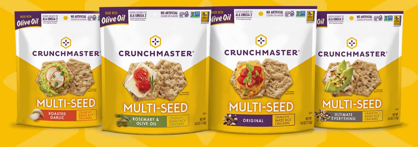 Crunchmaster Multiseed Crackers Variety Pack, 4 Count (4 oz Bags) – Original, Rosemary Olive Oil, Roasted Garlic & Everything – Crunchy, Baked Snack Crackers
