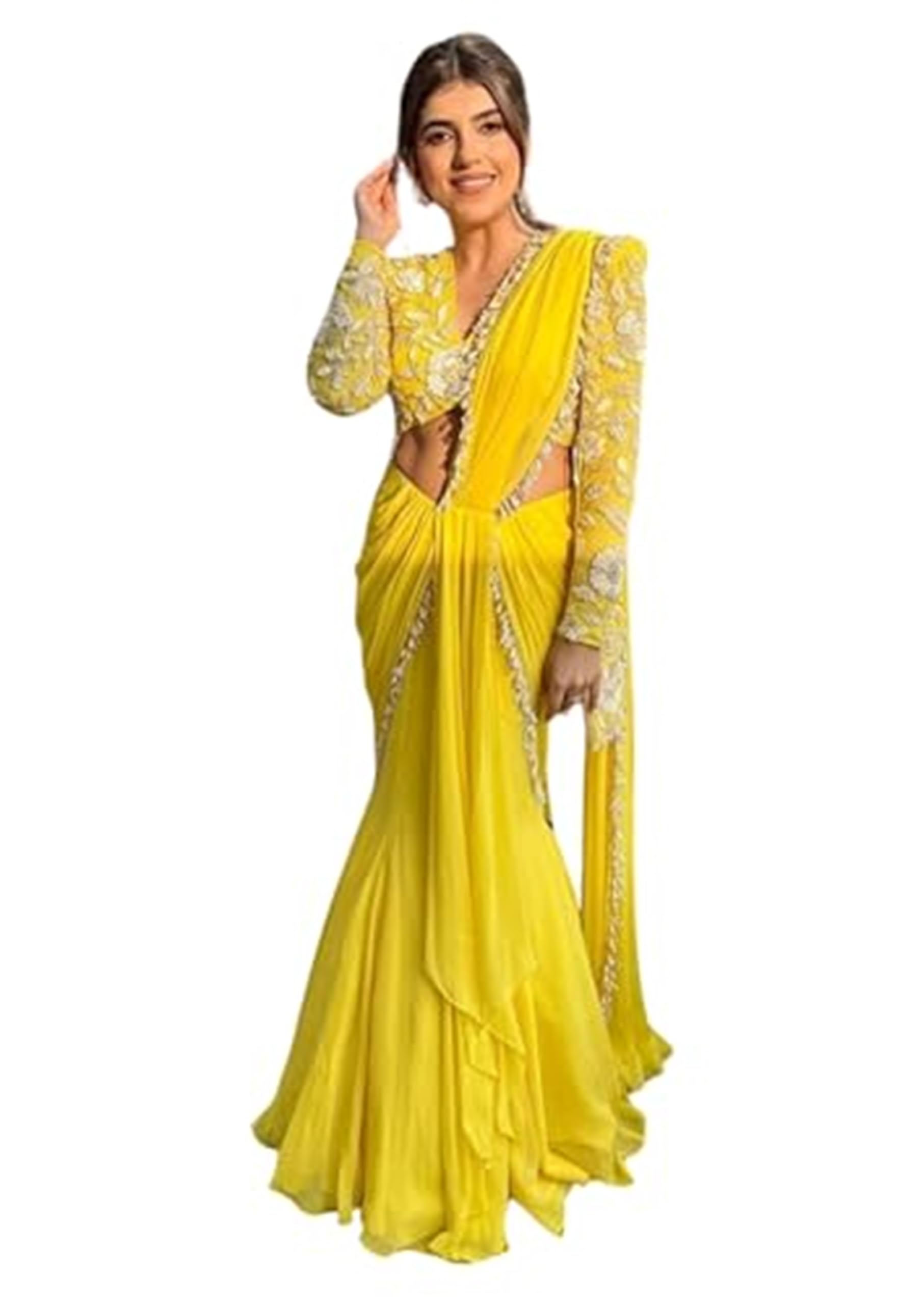 EKDAM AESTHETICYellow Maslin Plain Ready to Wear Draped Sari Lehenga Saree Blouse 4324