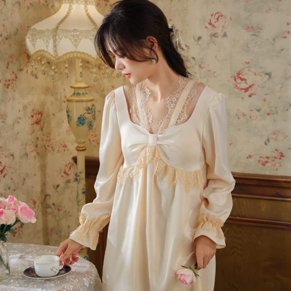Nachtwäsche Damen,Damen-Nachthemden, Vintage-Beige, Satin, Eckiger Ausschnitt, Schleife, Spitze, Elegantes Schlafhemd, Weiches, Bequemes, Lange Ärmel, Nachthemd, Loungewear Für Damen, Mädchen, P