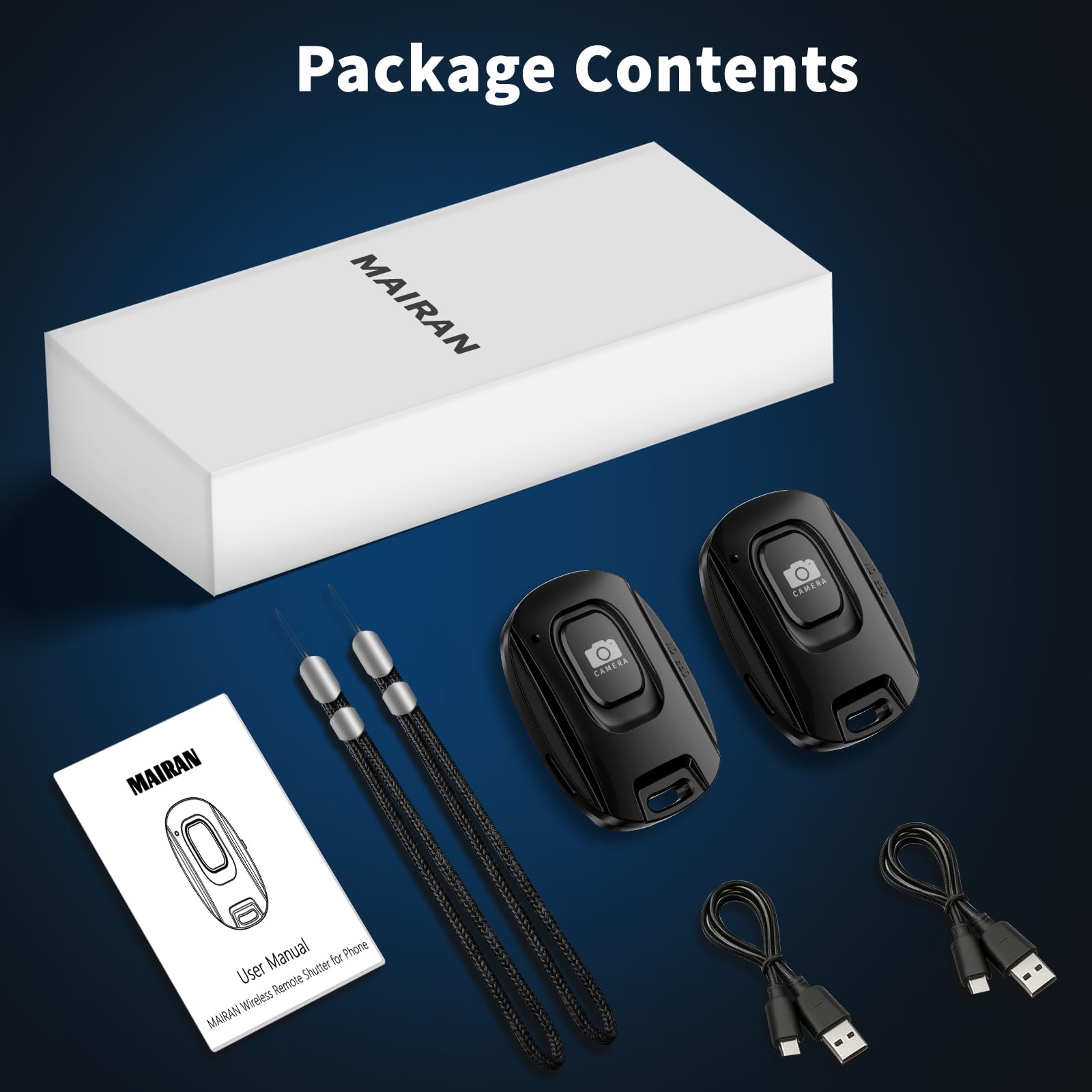 Mairan Paquete de 2 disparadores remotos inalámbricos recargables para iPhone y teléfonos inteligentes Android, control remoto Bluetooth, botón selfie para fotos y videos, cable de carga y correa de