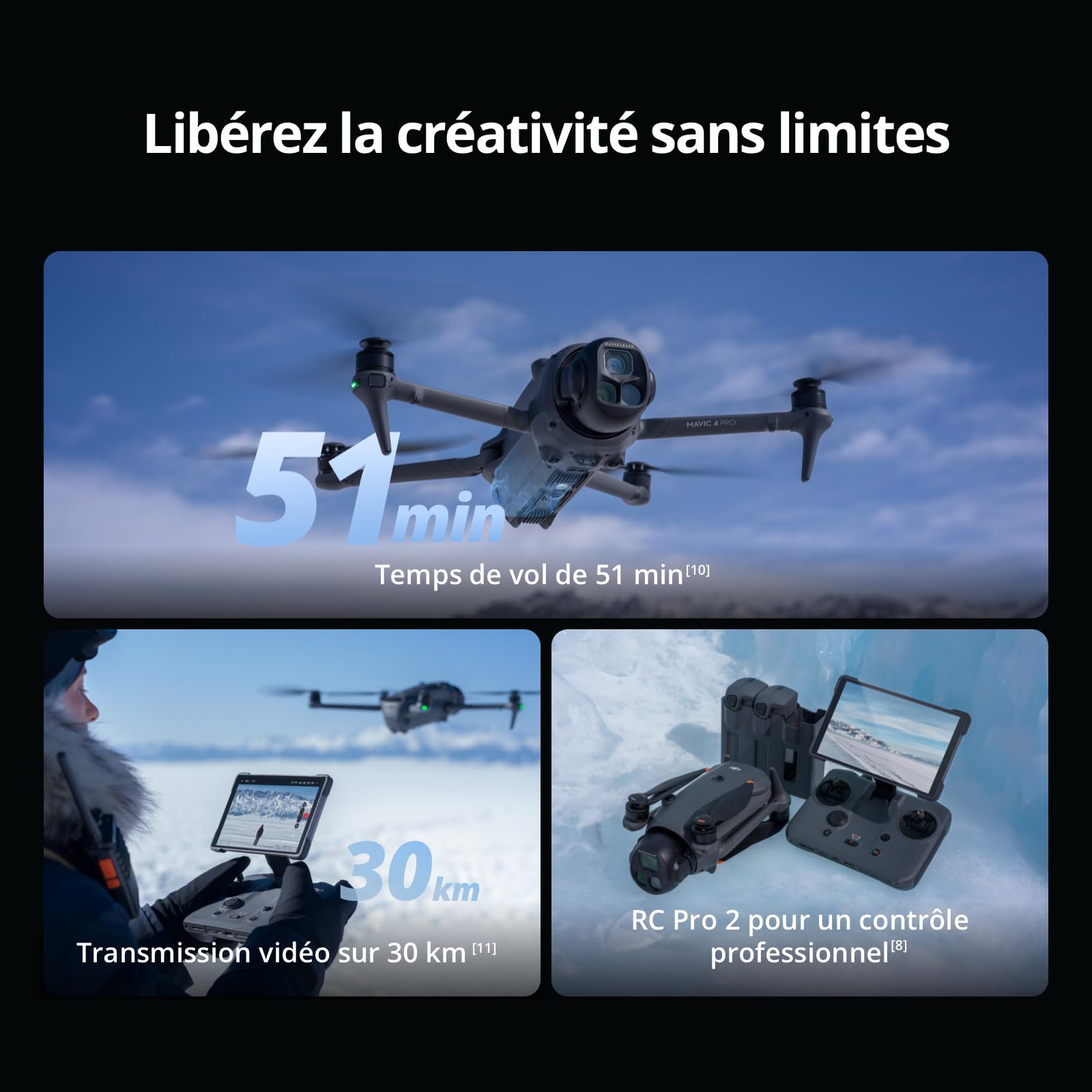 DJI Mavic 4 Pro Fly More Bundle avec RC 2, Drone Triple Caméra Hasselblad CMOS 4/3 100MP, Transmission 30km, Autonomie 51min
