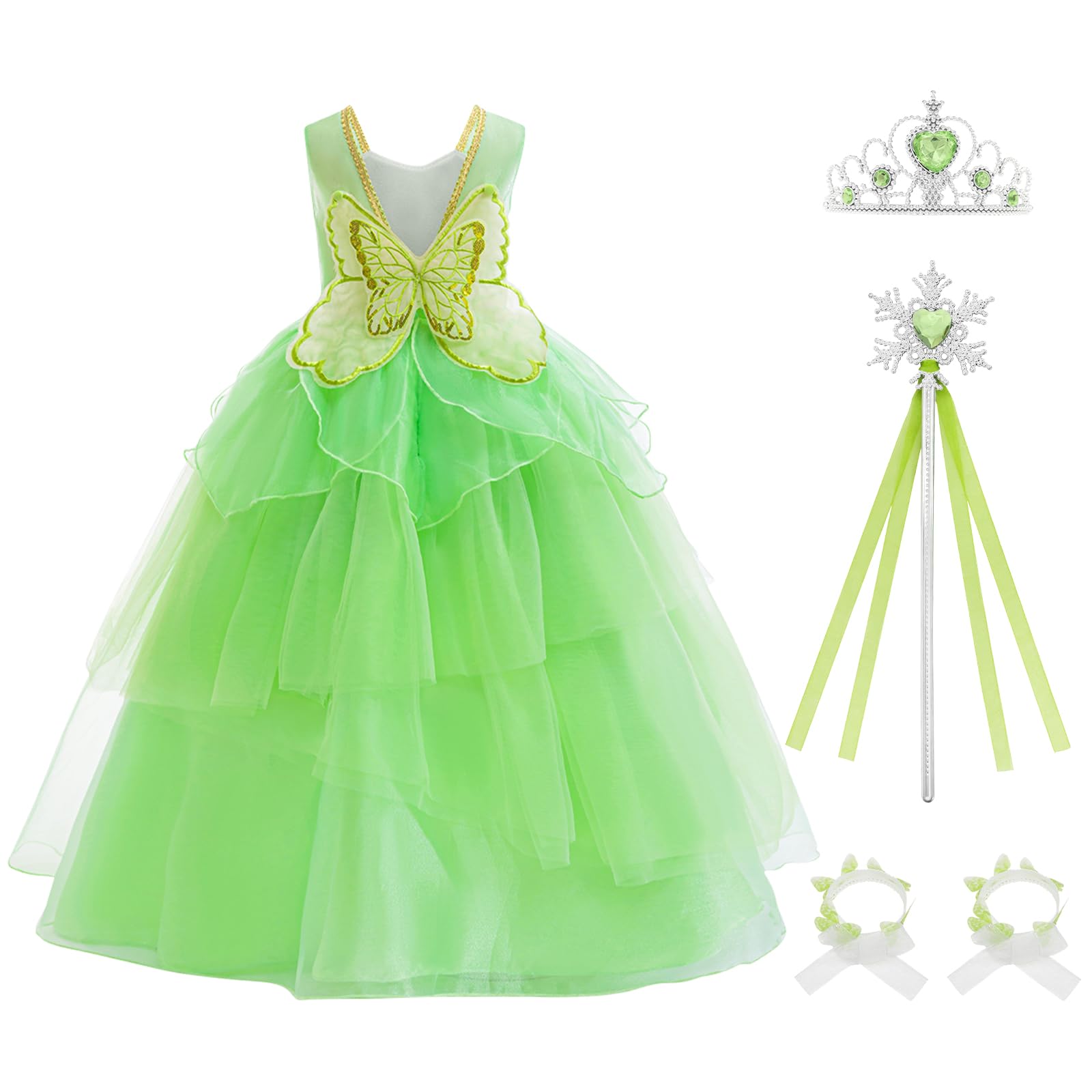 ADREIT Princess Costumes for Girls Kids Princess Fairy Fancy Green Wings Dress with Wand Halloween Cosplay Birthday Party
