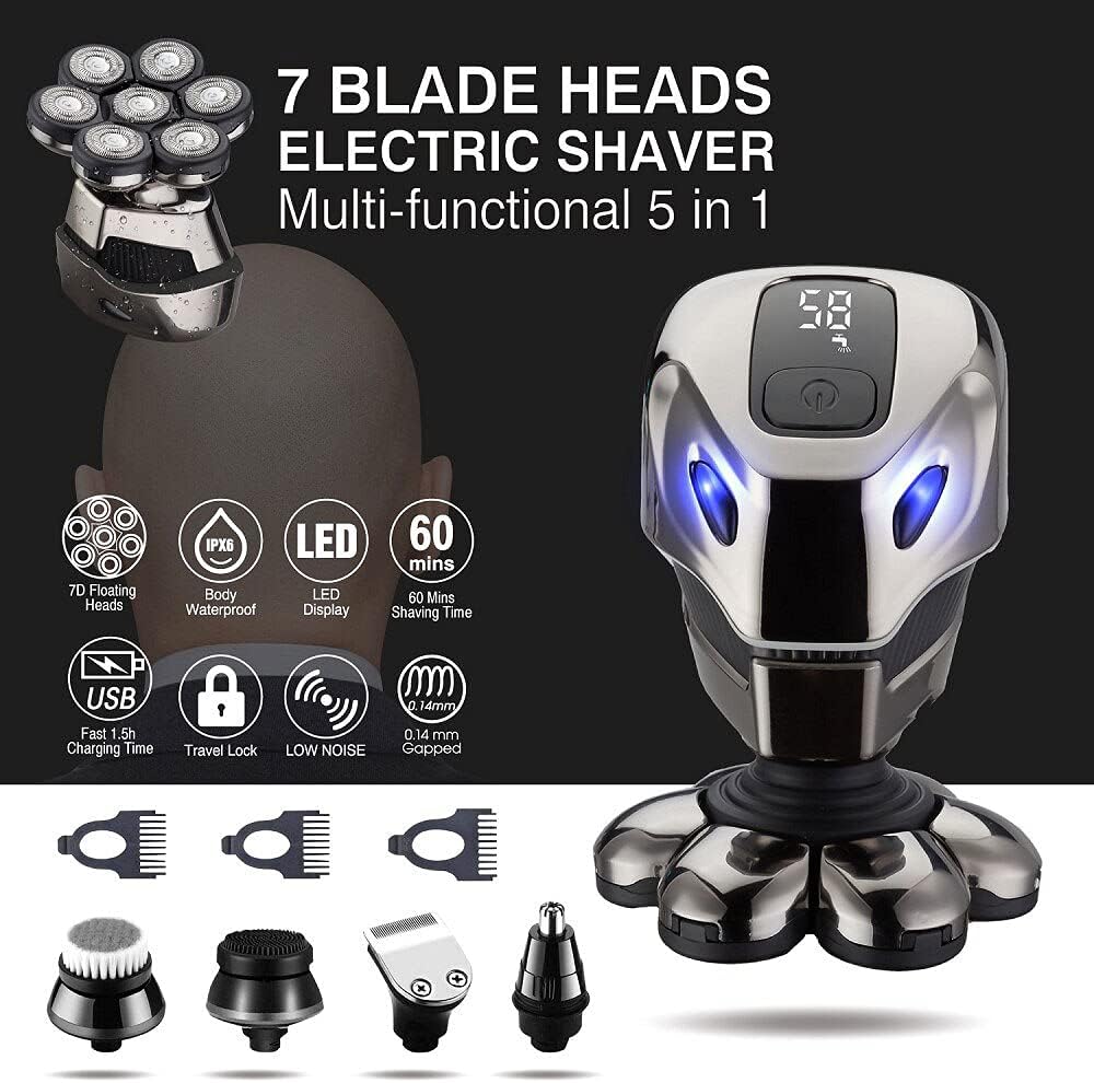 Head Shavers for Bald Men, Men Electric Razor 6-in-1 Shaver Bald 7 Cutter Head Shaver Multifunctional Razor Alien Shape IPX6 Waterproof Grooming Kit