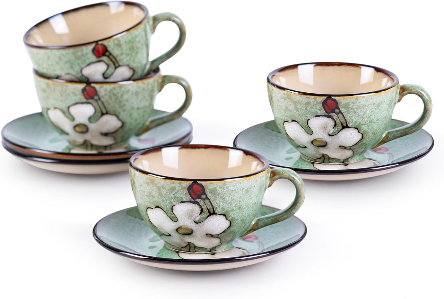 8 Oz Floral Porcelain Cappuccino Cups with Saucers Set of 4, Stoneware Tea Coffee Mugs for Home Kitchen & Office, Dishwasher Microwave Oven Safe, for Espresso, Latte, Americano, Milk & Tea, Green