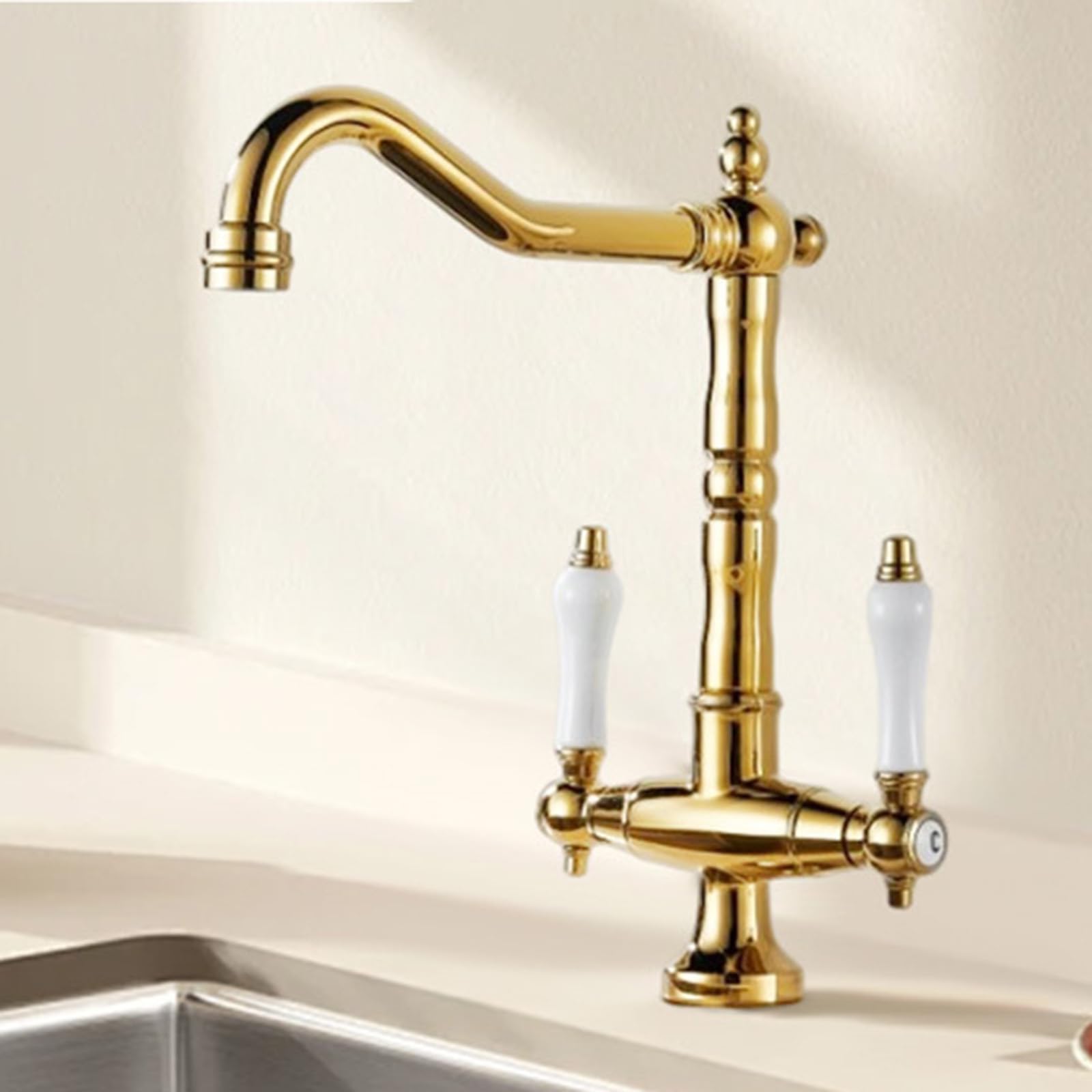 ZYCHSJXA Traditional Kitchen Sink Mixer Tap with Ceramic Dual Lever,Monobloc Brass High Arc Swivel Spout,Gold