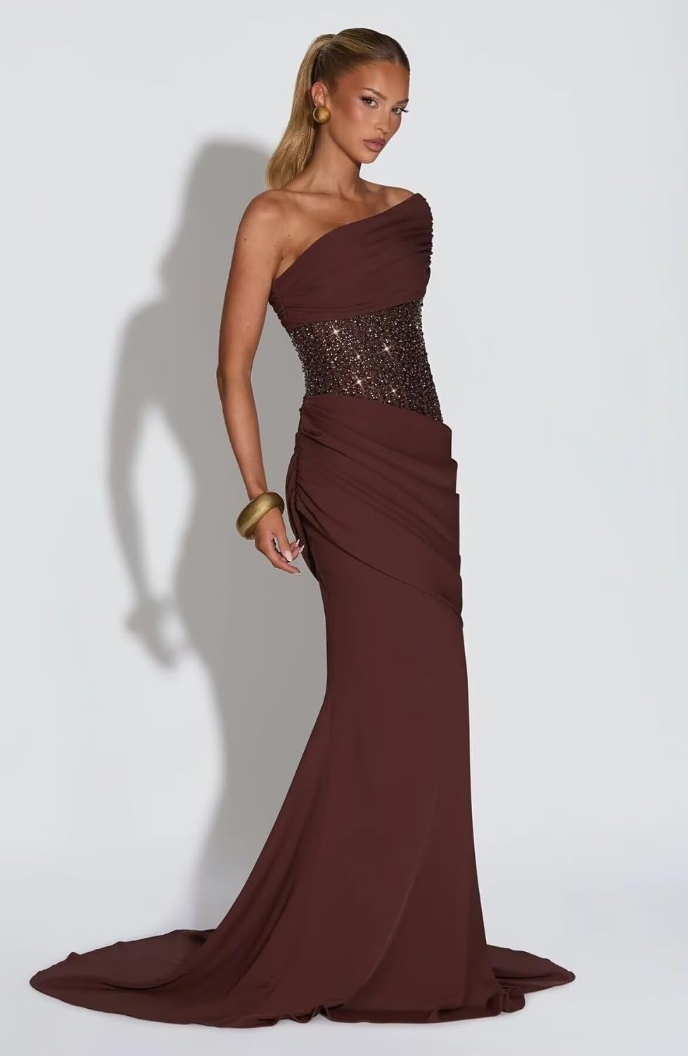 Sequin Beaded One Shoulder Mermaid Prom Dresses for Women 2026 Long Corset Pleated Formal Evening Dresses
