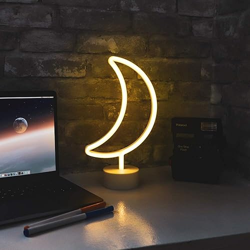 Miniatura 4 de Isaac Jacobs Lámpara de mesa LED de luna creciente amarilla neón de 11.5 x 6.5 pulgadas, base blanca, luz nocturna, para mesita de noche, decoración