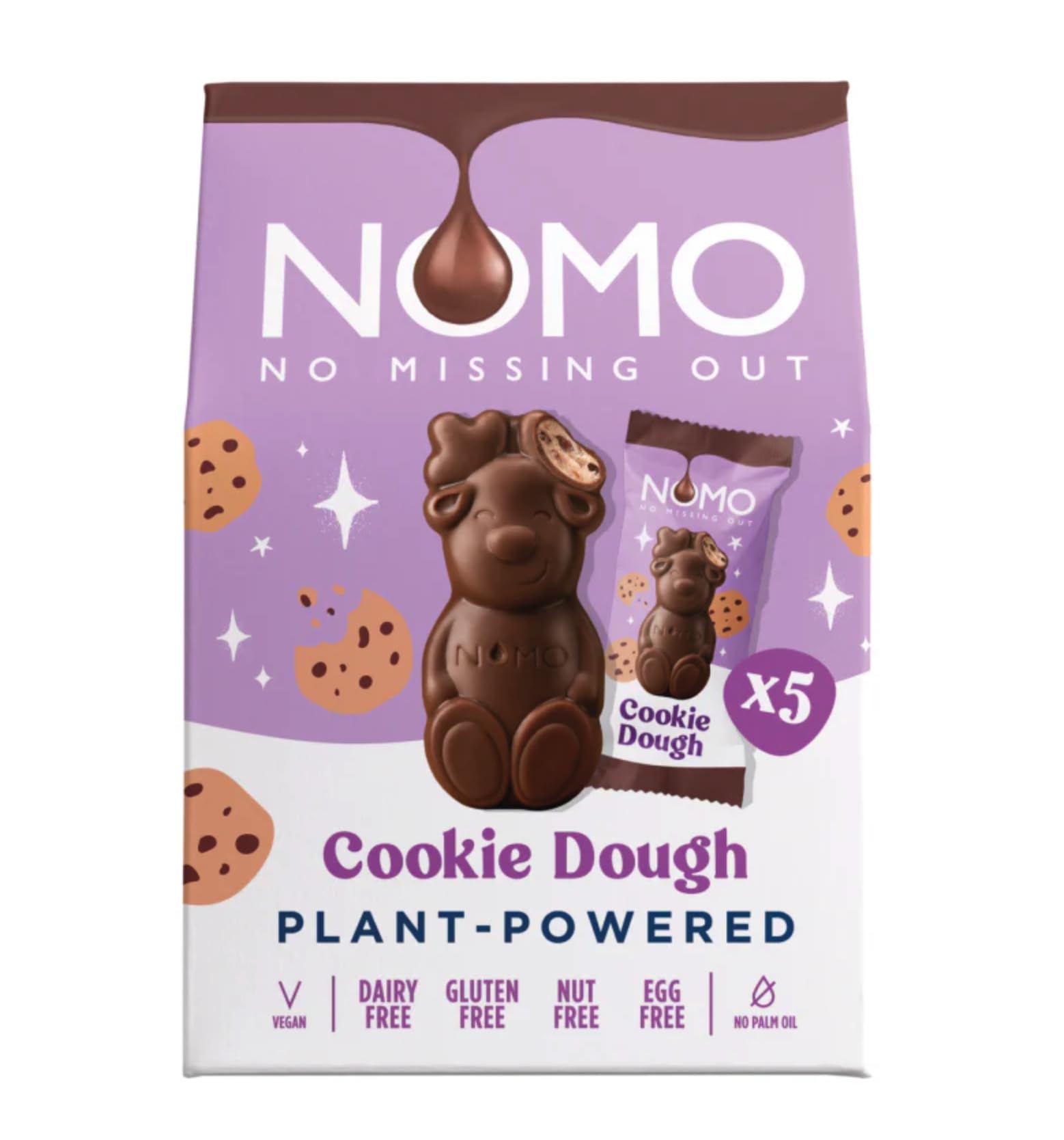 NOMO Cookie Dough Festive Reindeer 5 Pack - Plant-Powered, Dairy Free, Gluten Free, Vegan, Nut & Egg Free - 53g