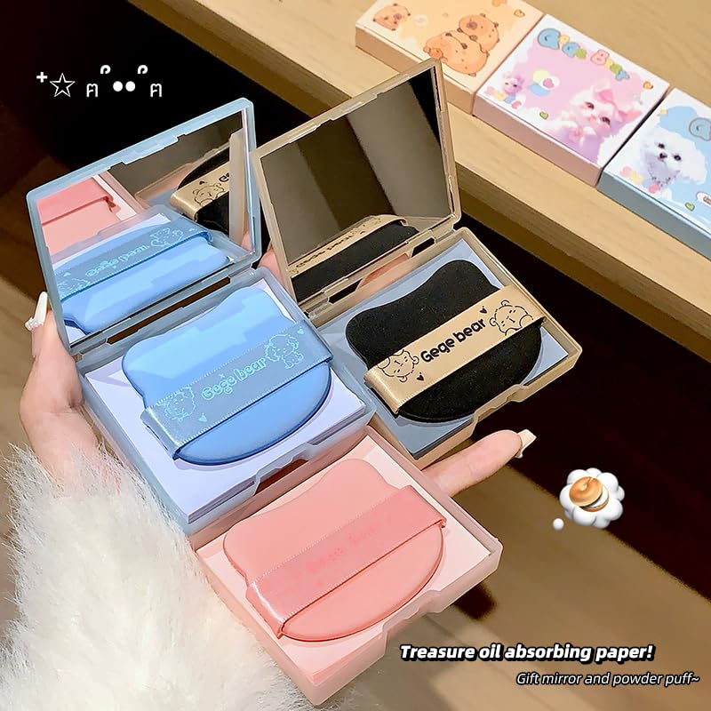 Gege Bear Oil Absorbing Blotting Papers | Matte Skin Instant Results | Compact Mirror Powder Puff Set | Ultra-Thin Oil Absorbing Sheets | Best Blotting Papers for Makeup Touch-Ups Kit (#02, 100pcs) 3