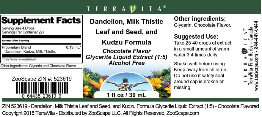 Miniatura 4 de Terravita Diente de león, hoja y semilla de cardo mariano y extracto líquido de glicerita Kudzu Formula (15) - Sabor a chocolate (1 oz, ZIN 523619)