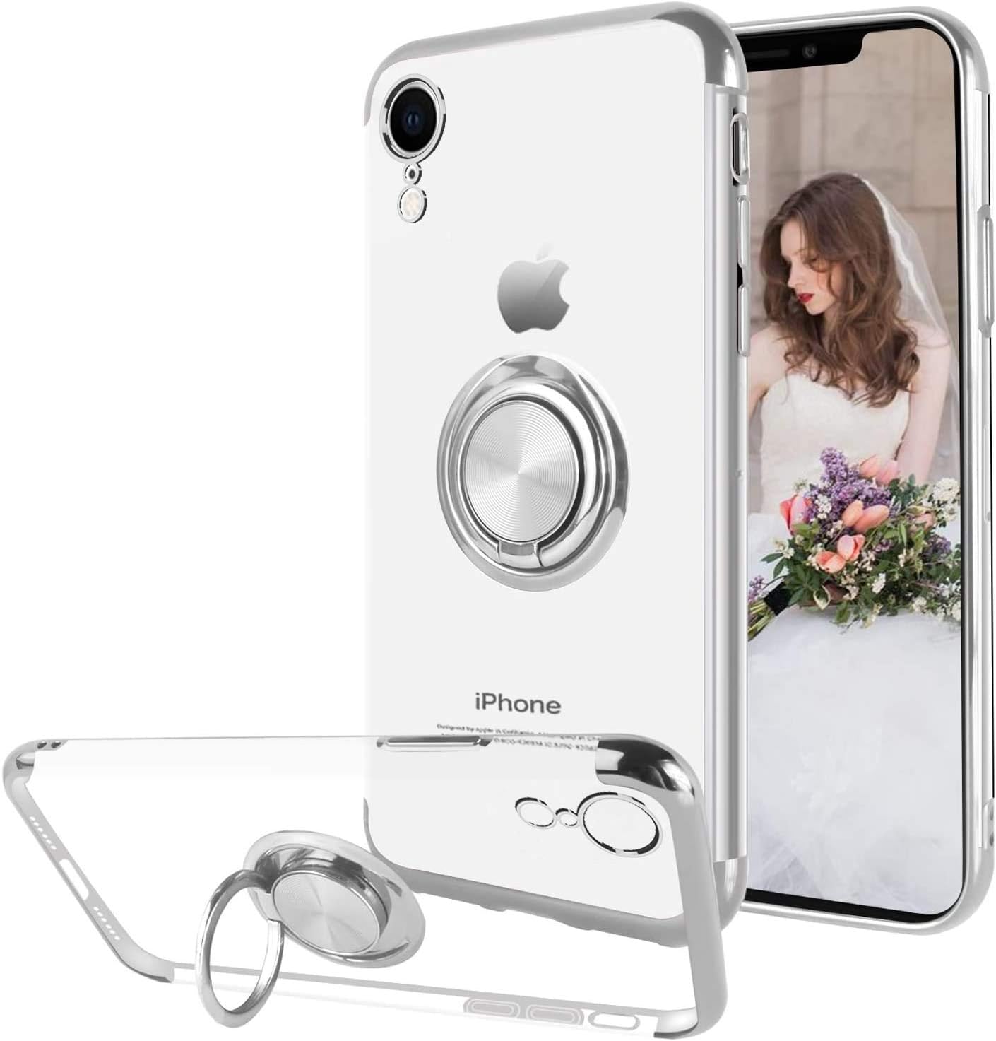 Ownest Compatible with iPhone XR Case with Built-in 360 Rotatable Ring Kickstand Fit Magnetic Car Mount and Clear Transparent TPU Protective for iPhone XR-(Silver)