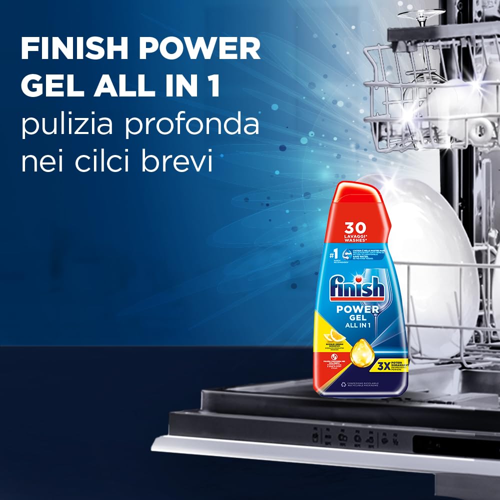 Finish Kit Lavastoviglie; Finish Powergel Detersivo Lavastoviglie Lemon 30 Lavaggi, Brillantante Limone 250ml, Curalavastoviglie Limone 250ml, Cristalli di Sale 1kg