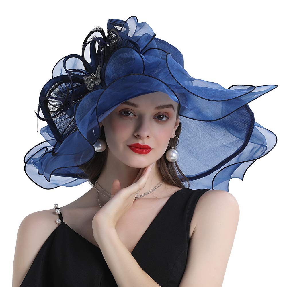 Go Mai Women Hats Organza Butterfly Decoration Wide Brim Occasion Event Derby Church Dress Sun Hat