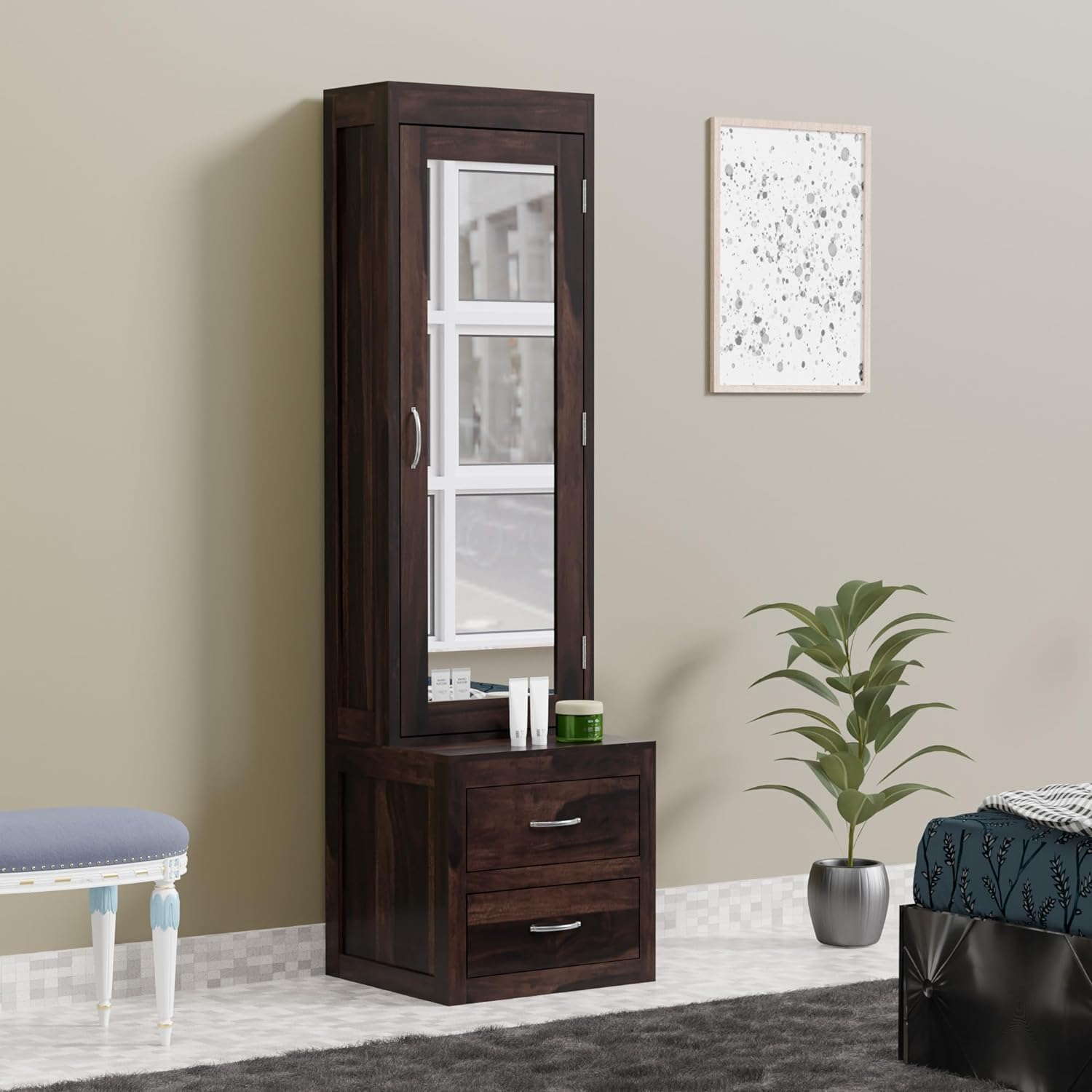 Credenza Sheesham Wood Dressing Table with 2 Drawer Storage for Living Room Bedroom Wooden Vanities for Home Solid Wood Bedroom Furniture (Walnut Finish)-picture-12