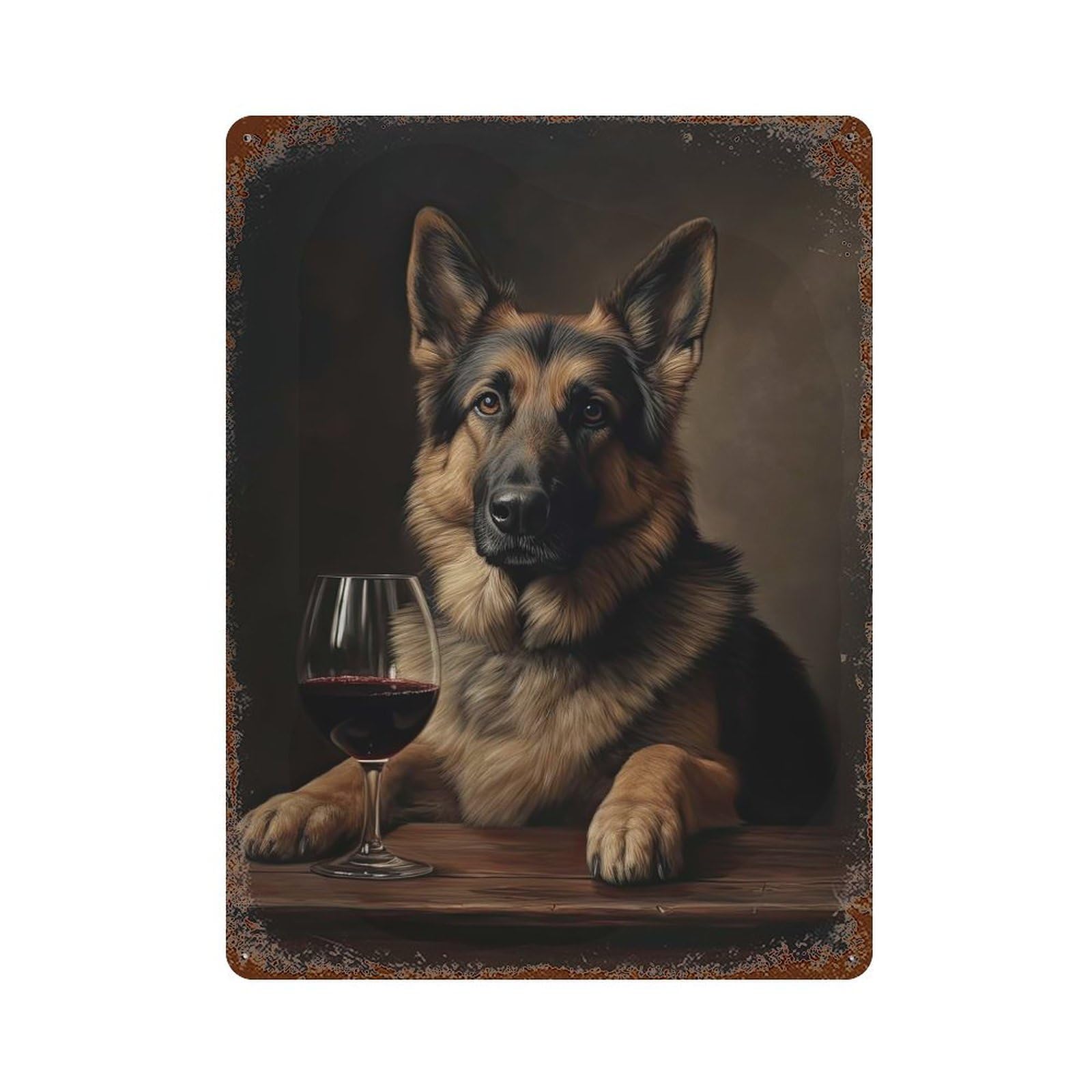 German Shepherd Wine 15.7"x11.8" Rusty Metal Tin Sign, Shabby Chic Decor for Bistro, Counter And Cafe Decor
