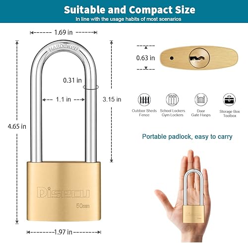 Miniatura 8 de Candado con llave de latón macizo, cuerpo de 1-916 pulgadas de ancho, grillete largo de 2.5 pulgadas de largo, cerradura impermeable para exteriores