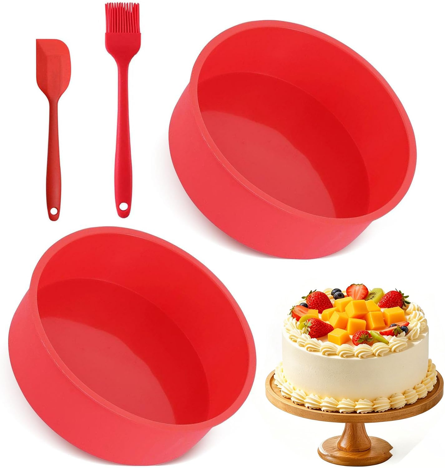 LPVVPEZ 2 Pack Round Cake Tin Set 10 Inch Nonstick Silicone Baking Molds with Brush and Scraper, Reusable BPA Free Cake Pans for Muffins Bread Pudding Desserts, Oven Safe Baking Supplies