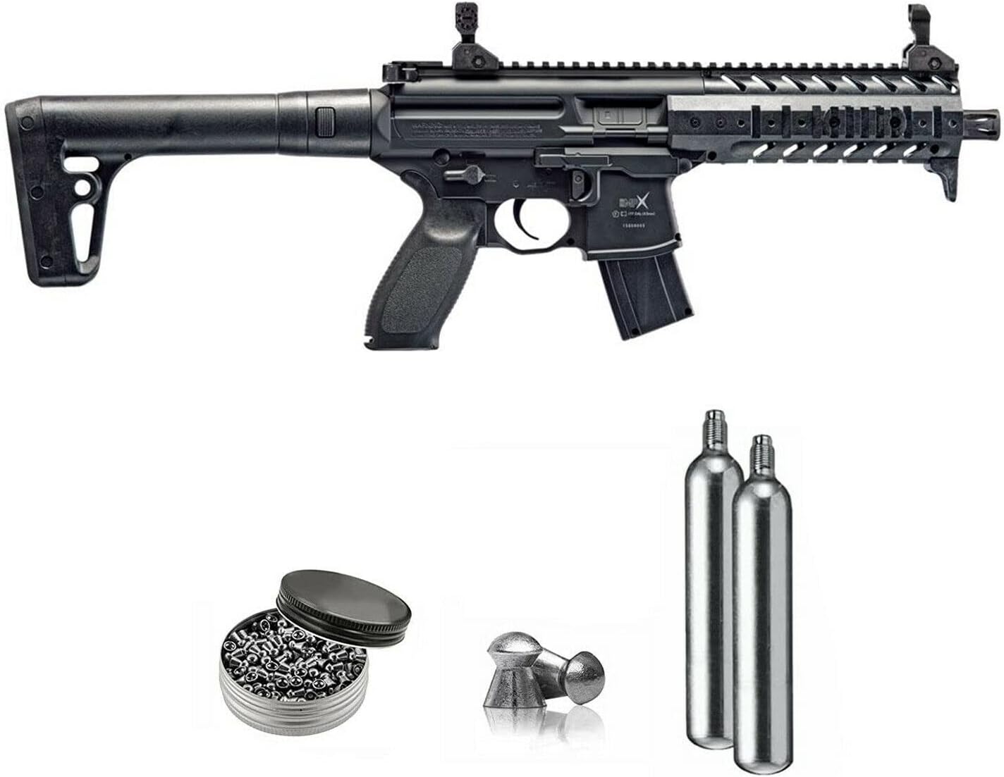 SIG Sauer MPX .177 Cal CO2 Powered Air Rifle with CO2 90 Gram (2 Pack) and 500 Lead Pellets Bundle (Black, Folding Sights)