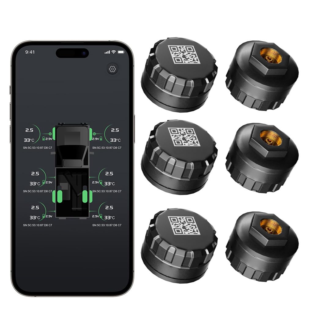 Per Sistema di monitoraggio della Pressione dei Pneumatici per Camion RV 6 Set Bluetooth TPMS con 6 sensori Esterni Supporto IO-S e Android per Camper