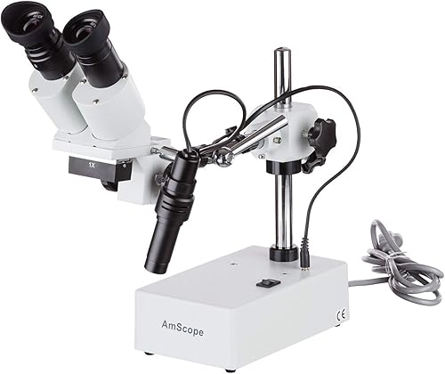 AmScope Microscopio estéreo binocular profesional SE410, oculares WF10x, aumento 10X, objetivo 1X, iluminación de tungsteno, soporte de brazo de