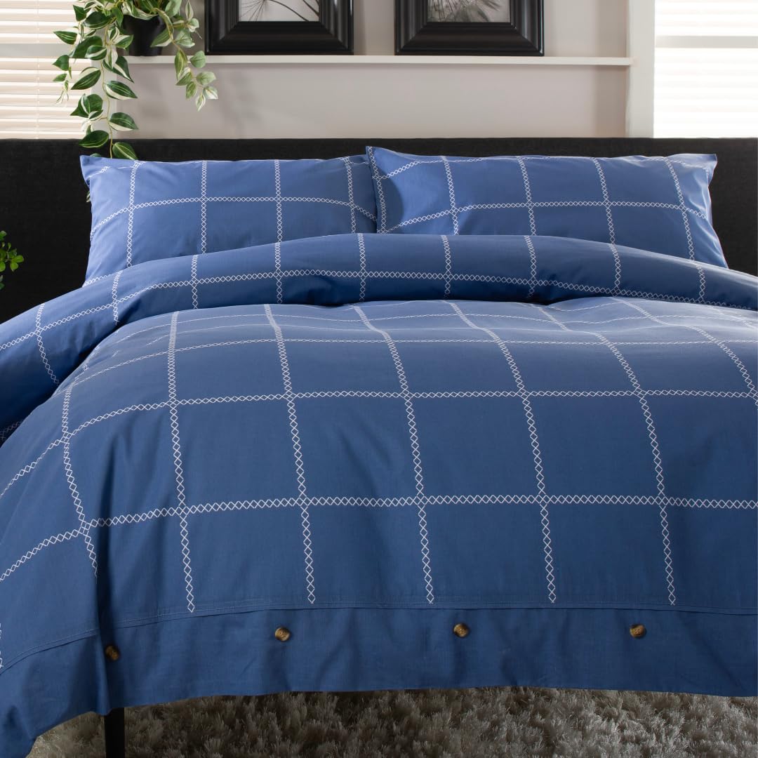 The Lyndon Company Crossleyh [Blue] Crossley Heath Duvet Cover Set 100% Cotton | Printed 144 Tc | Button Closure | Pillowcases Included | Machine Washable | Available In Blue, Rose, Grey, Green - All Uk Sizes [Ki-Bl]
